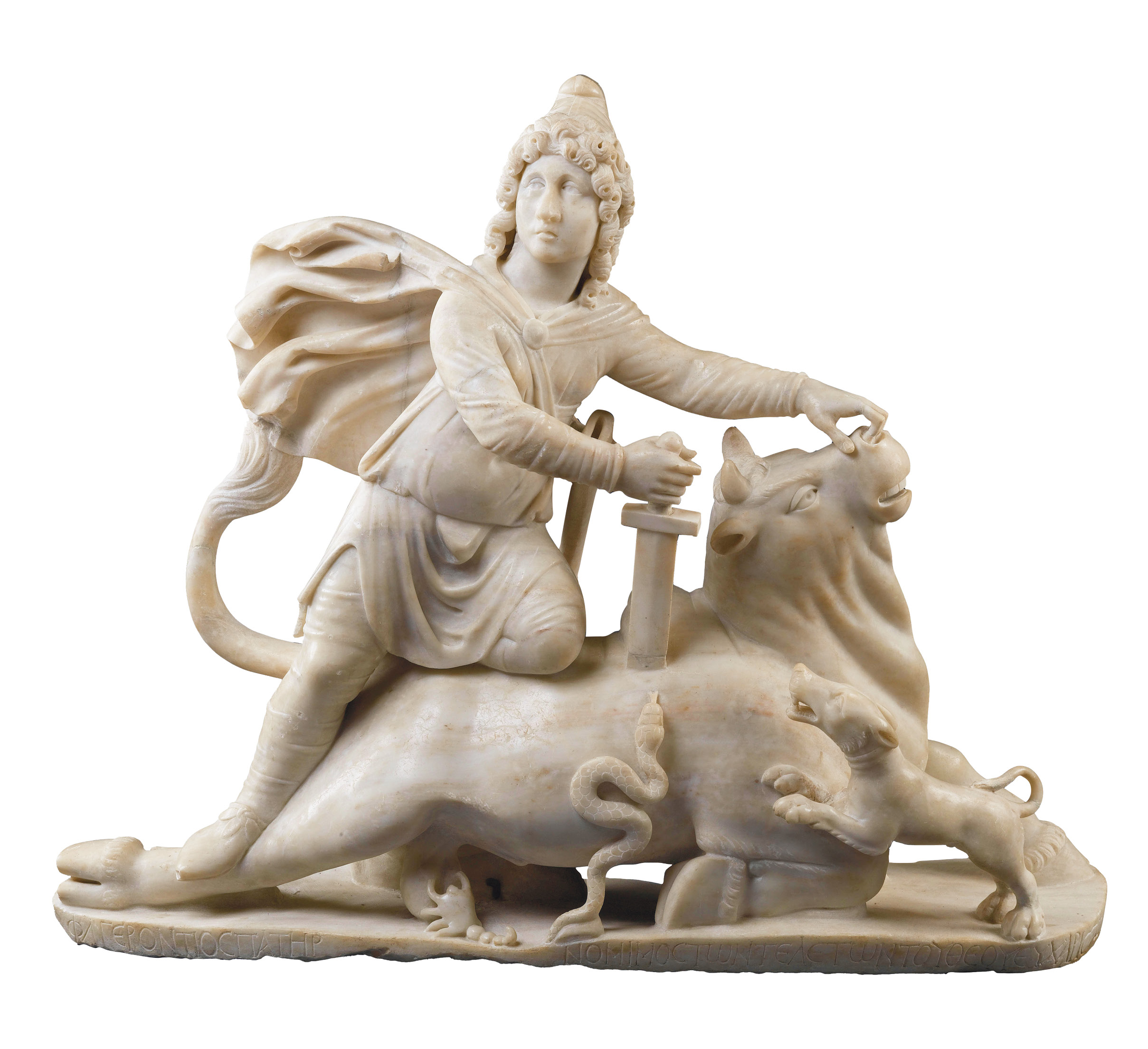 Above Mithras killing the bull, from a group of Mithraic sculptures from Sidon (Lebanon). Marble, c.AD 390.
