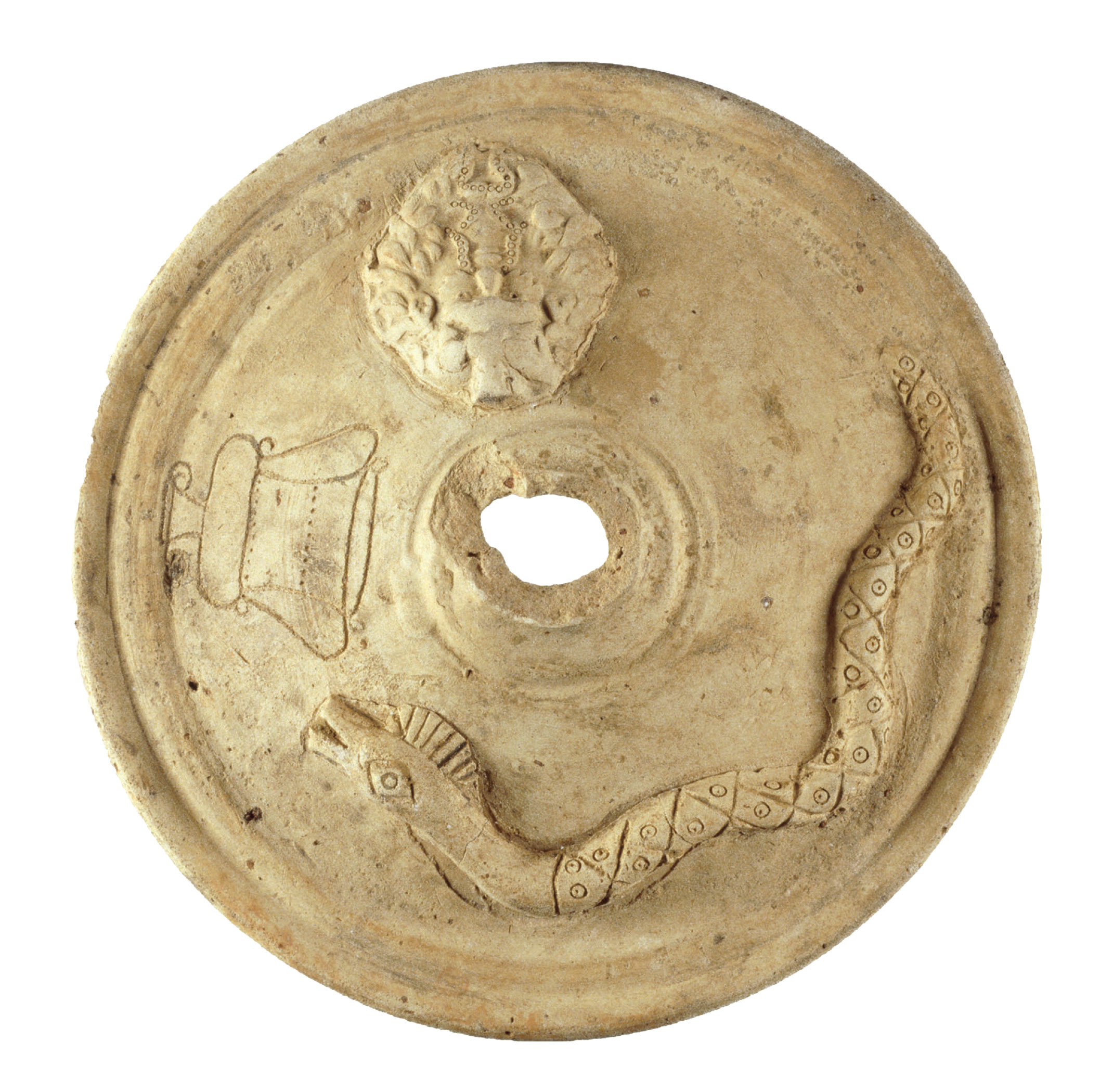 Above Decorated lid of an incense burner, with images of a snake, krater, and the river-god Achelous from the mithraeum of Tienen (Belgium). Terracotta, early 3rd century AD.