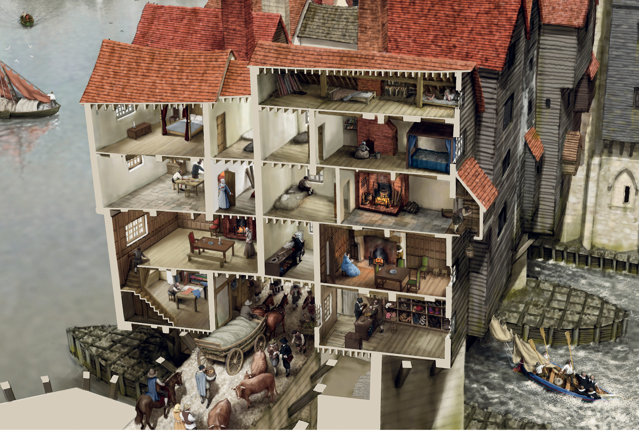 ABOVE This cutaway view by Peter Urmston of two mid-17th-century properties shows what a precarious toe-hold these timber buildings had on the bridge, but how spacious they were, from shop to garret.
