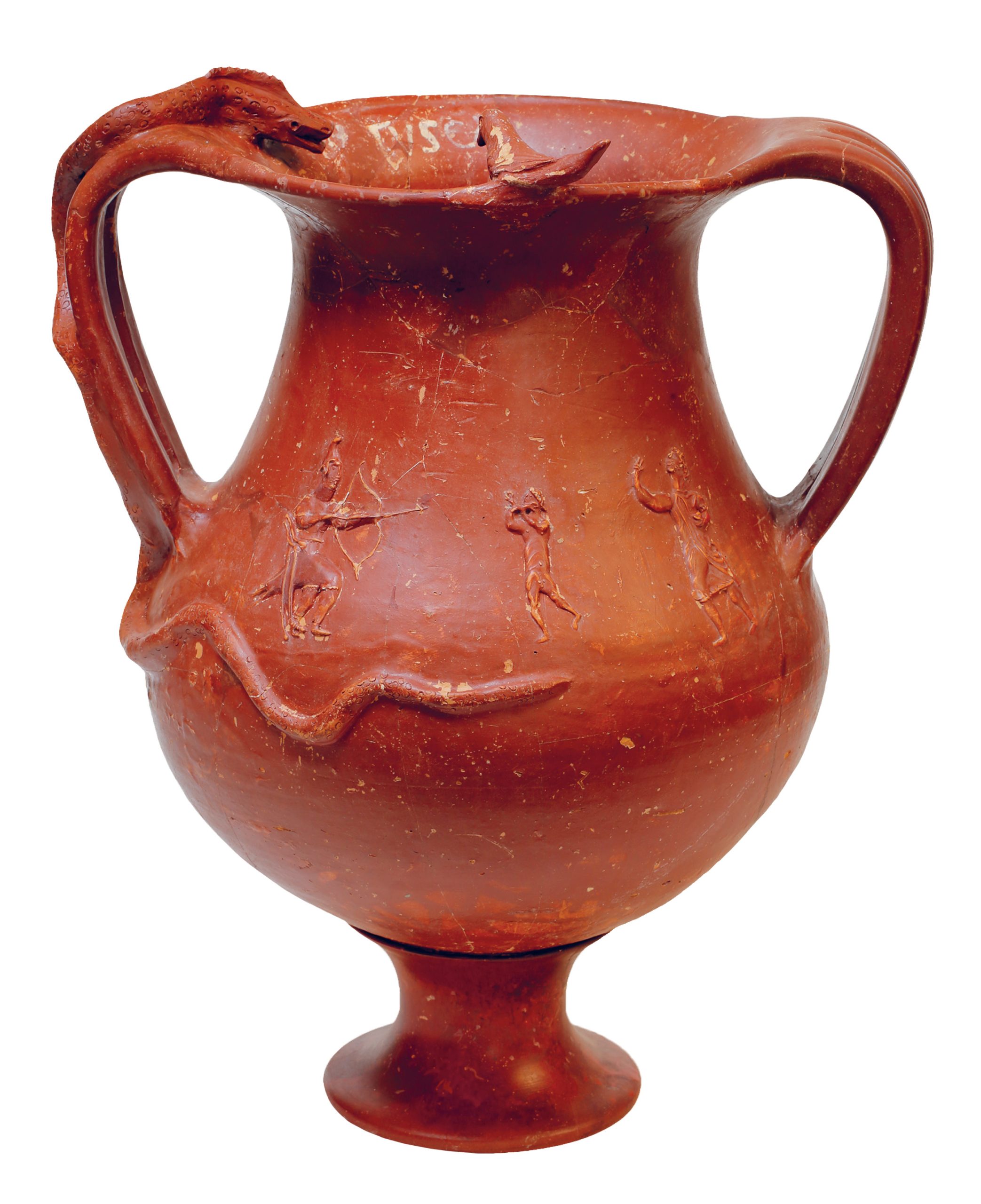 LEFT Krater decorated with an initiation or a mythological scene, a snake on its handle, and bird on its rim, from the mithraeum of Mainz (Germany). Terracotta, c. AD