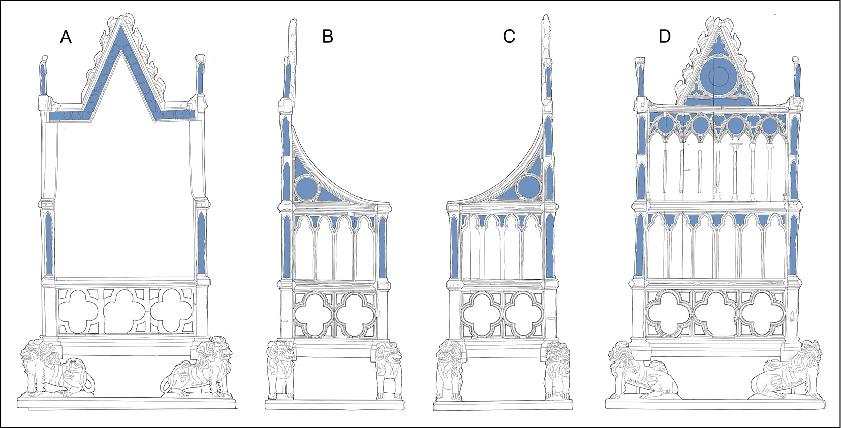 below Elevations of the front (A), sides (B, C) and rear (D) of the Chair, the blue areas indicating where there were originally decorated glass inserts. The remainder of the timber was covered with gold leaf, in imitation of gilt bronze. below right The design of the back of the Chair simulated 13th-century tiered architecture. The upper tier of eight arches once contained standing figures of saints. The tracery and lancet panels in the corner-posts were filled with painted glass imitating enamels.