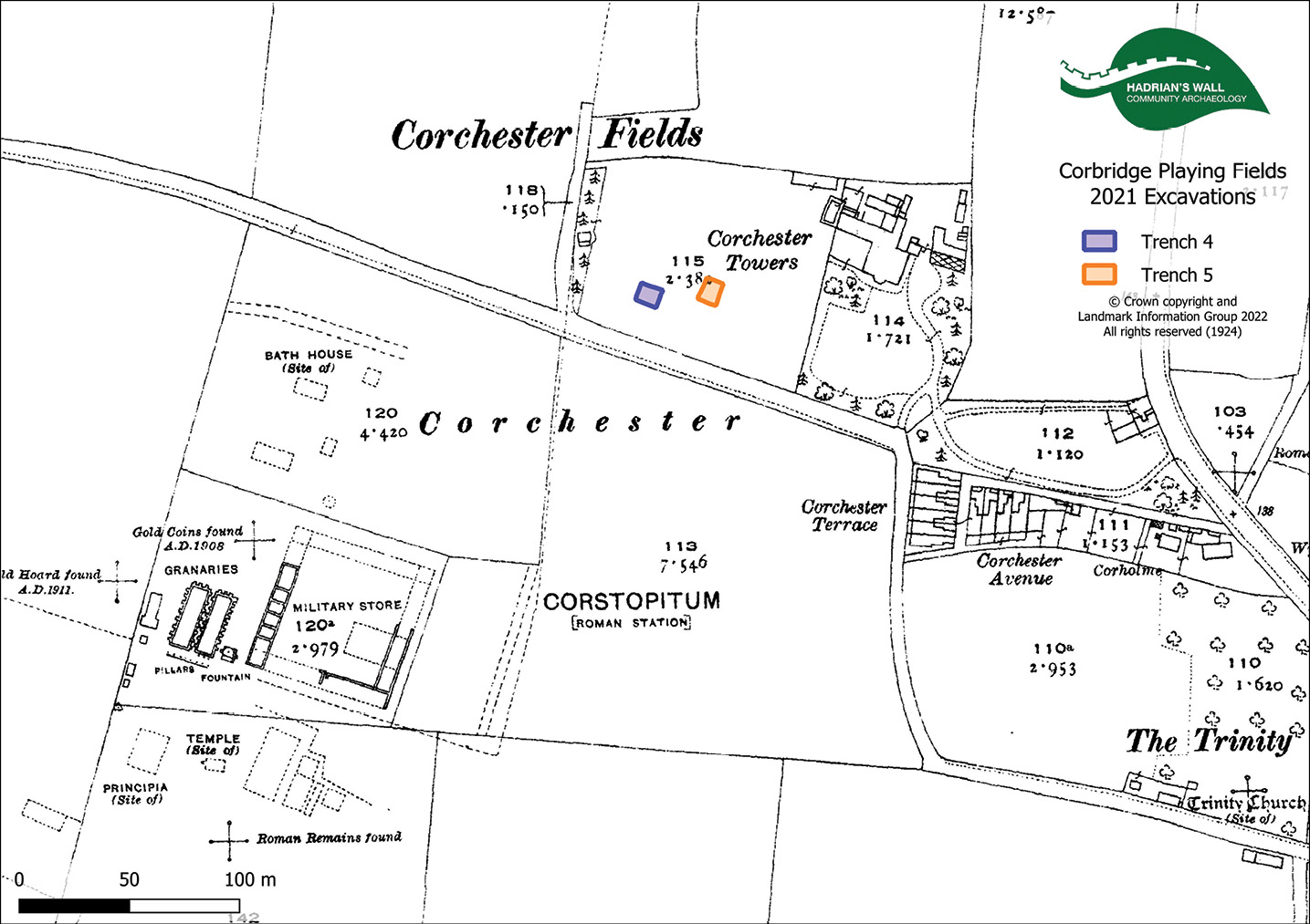 left This plan shows the location of trenches opened at Corbridge.