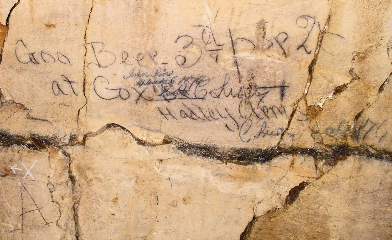 above Put it on the slate: graffiti in Allen’s quarries record tallies for the price of stone, and workers’ tabs at nearby pubs.