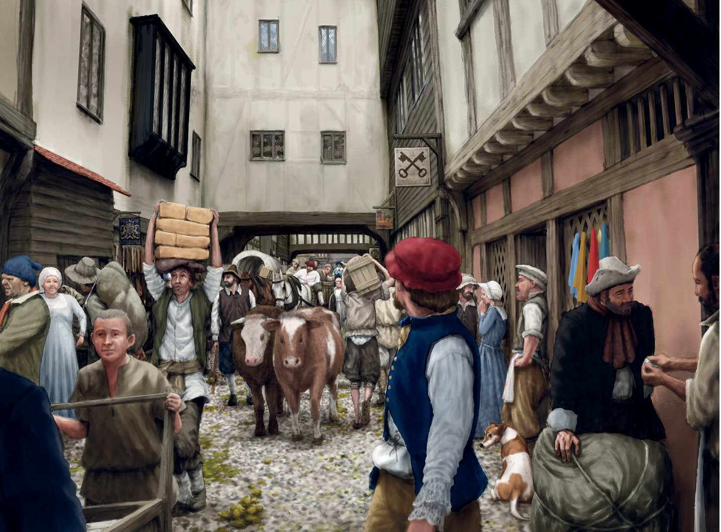 left This reconstruction by Peter Urmston of c.1600, looking north, gives an idea of the tunnel-like character of the shop-lined roadway and of the variety of people using the bridge.