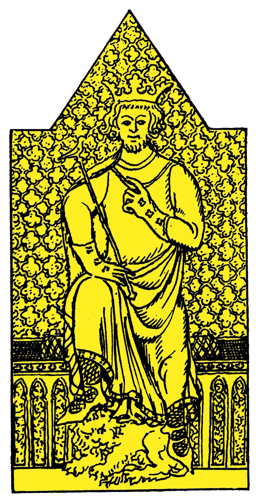 ABOVE William Lethaby’s 1906 reconstruction of the gilt figure of a king in the back of the Chair. He is depicted seated on a low throne, with his feet resting on a lion. Only the lower part of this image survives today. A monastic seal of Westminster Abbey, dating to 1285, probably provided the inspiration for the gilt image on the back of the chair (inset). This shows Edward the Confessor seated on a throne, holding a sceptre in one hand and a model of his church in the other.