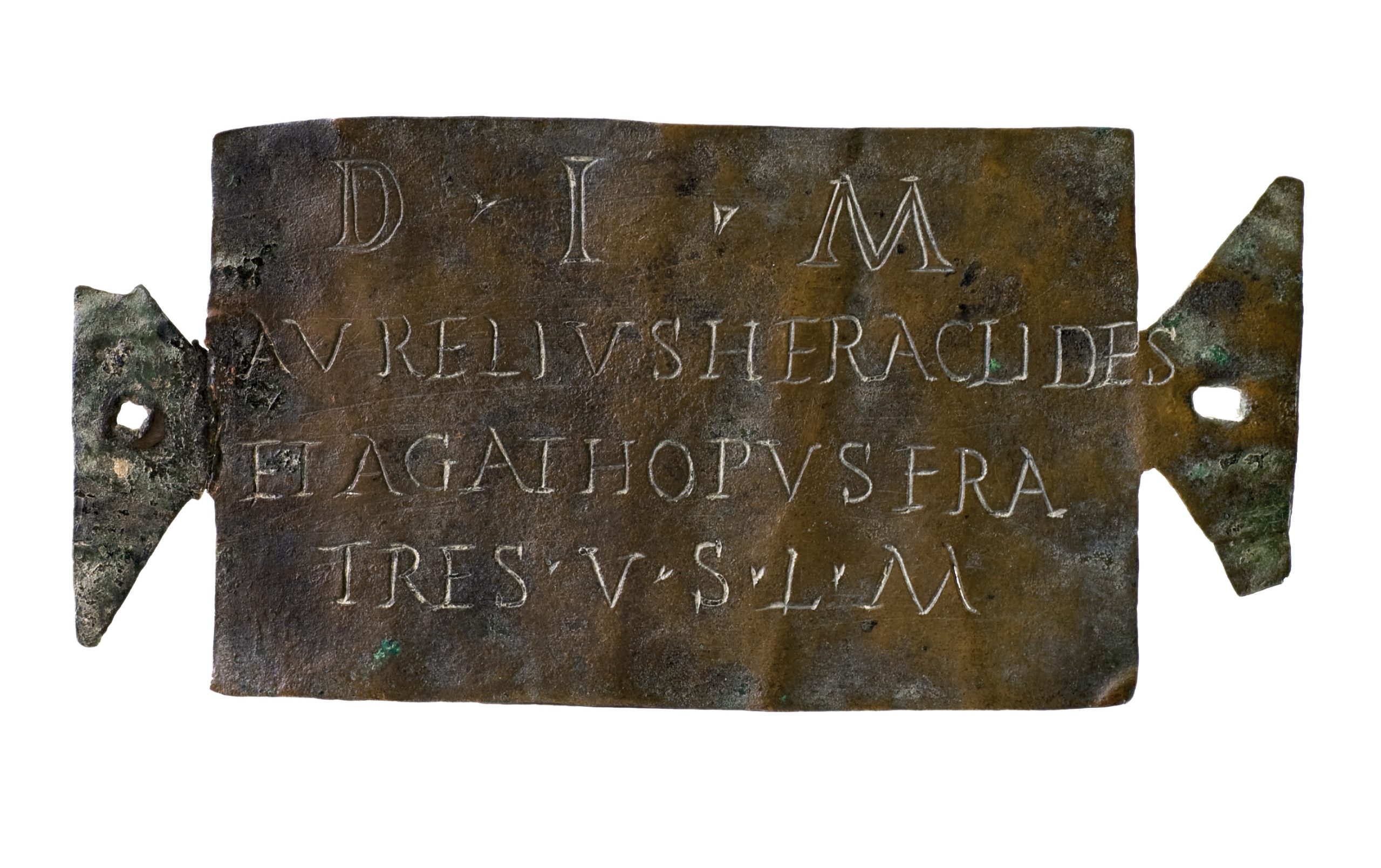 ABOVe Tabula ansata (a tablet with handles) dedicated to Mithras by two ‘brothers’, found in the river Kupa in Sisak (Croatia). Bronze, end of 2nd early 3rd century AD.
