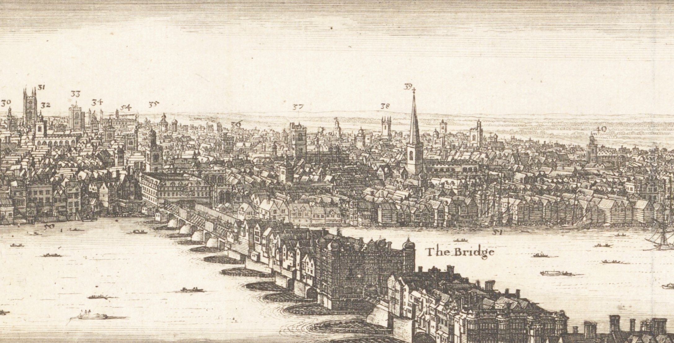 BELOW Two of the most ornate buildings on the bridge can be picked out in Wenceslaus Holler’s 1647 view: Nonsuch House towards the middle and the ‘house with many windows’ at the south end.