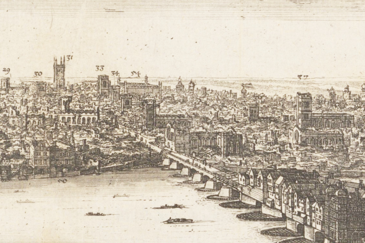 lefT Hollar’s 1666 view of the bridge and the church of St Magnus shows the damage caused by the Great Fire of 2 September 1666 and the need to rebuild.