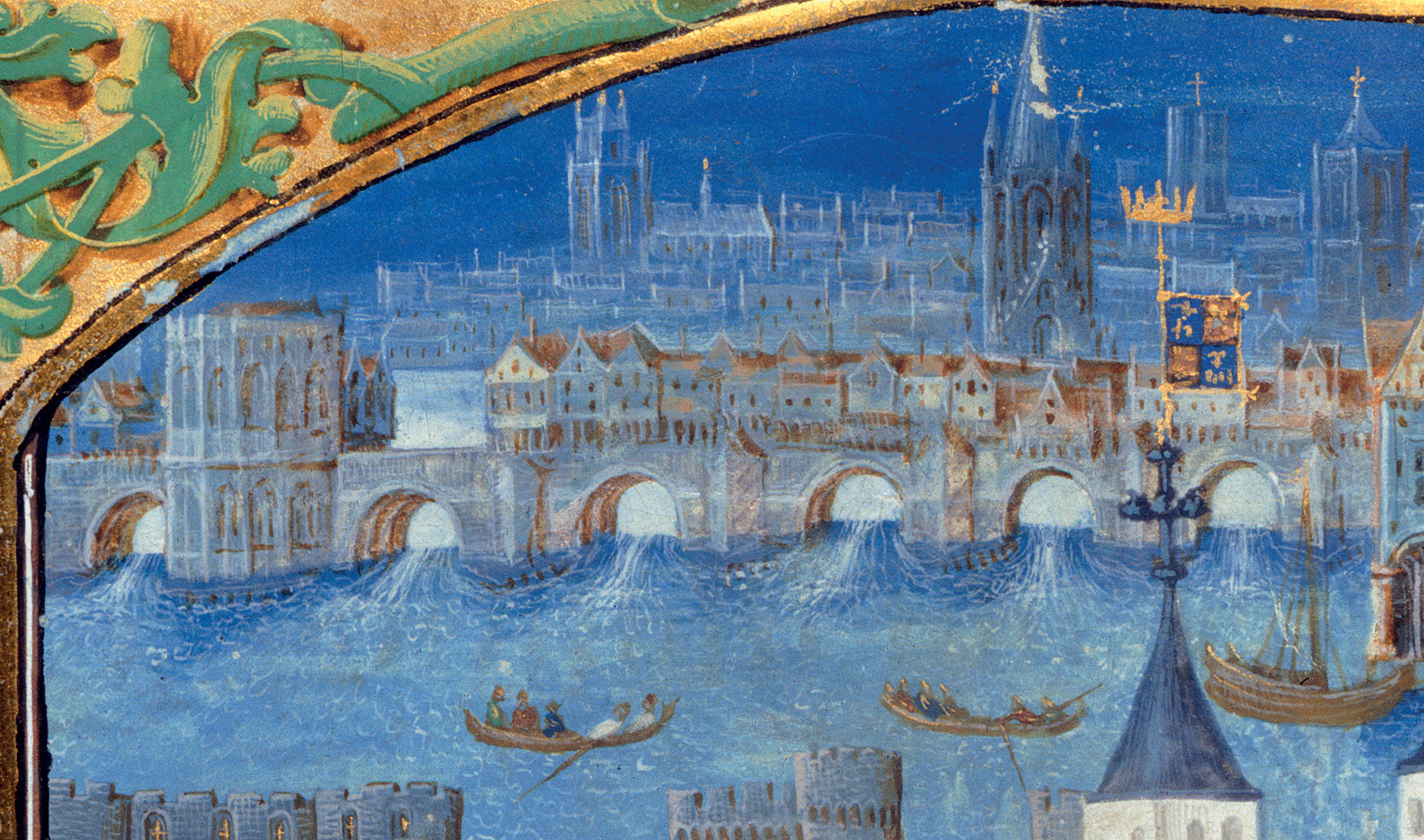 BELOW Our earliest depiction of the bridge, from Royal MS 16 F (of c.1483), emphasises the Chapel of St Thomas, which marked the start and end point of pilgrimages to Becket’s Canterbury shrine.