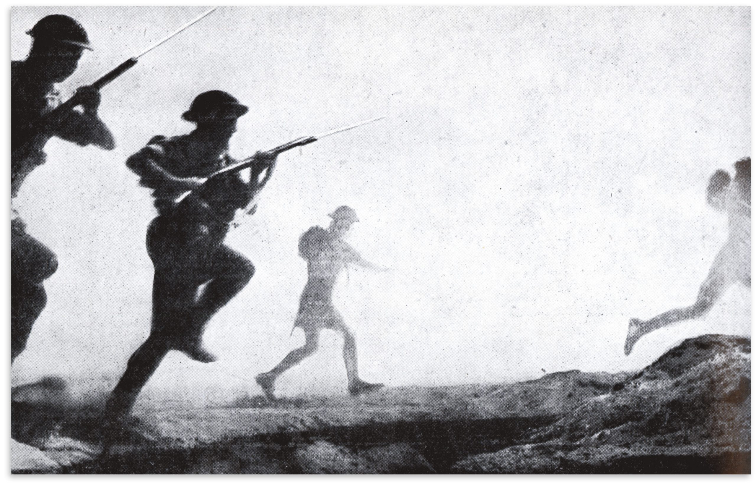 ABOVE British soldiers push forward through smoke and dust during the Battle of El Alamein, October 1942.