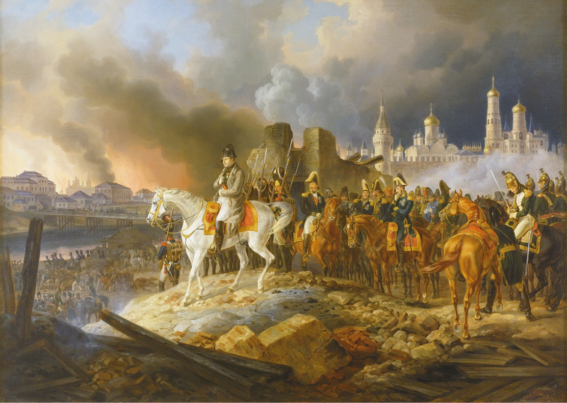 right Napoleon watching the fire of Moscow during the French occupation of the city, September 1812. Tsar Alexander I had abandoned the city rather than engage French forces there.