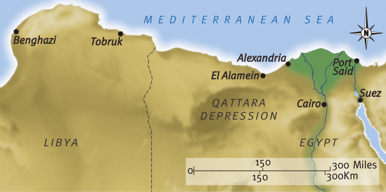 BElow To the south of El Alamein, the Qattara Depression is a vast area of cliffs and quicksand that was impassable to mechanised forces.