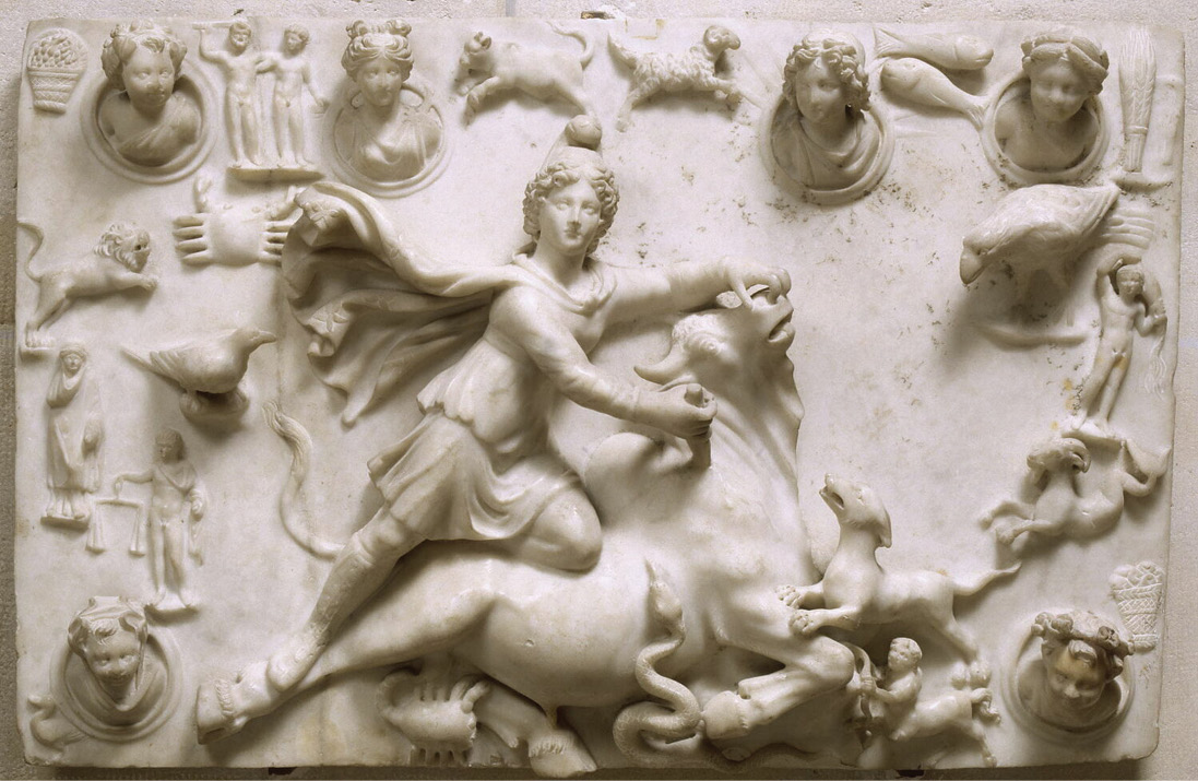 above This marble relief from Lebanon shows Mithras in the act of killing the bull, surrounded by the 12 signs of the zodiac.