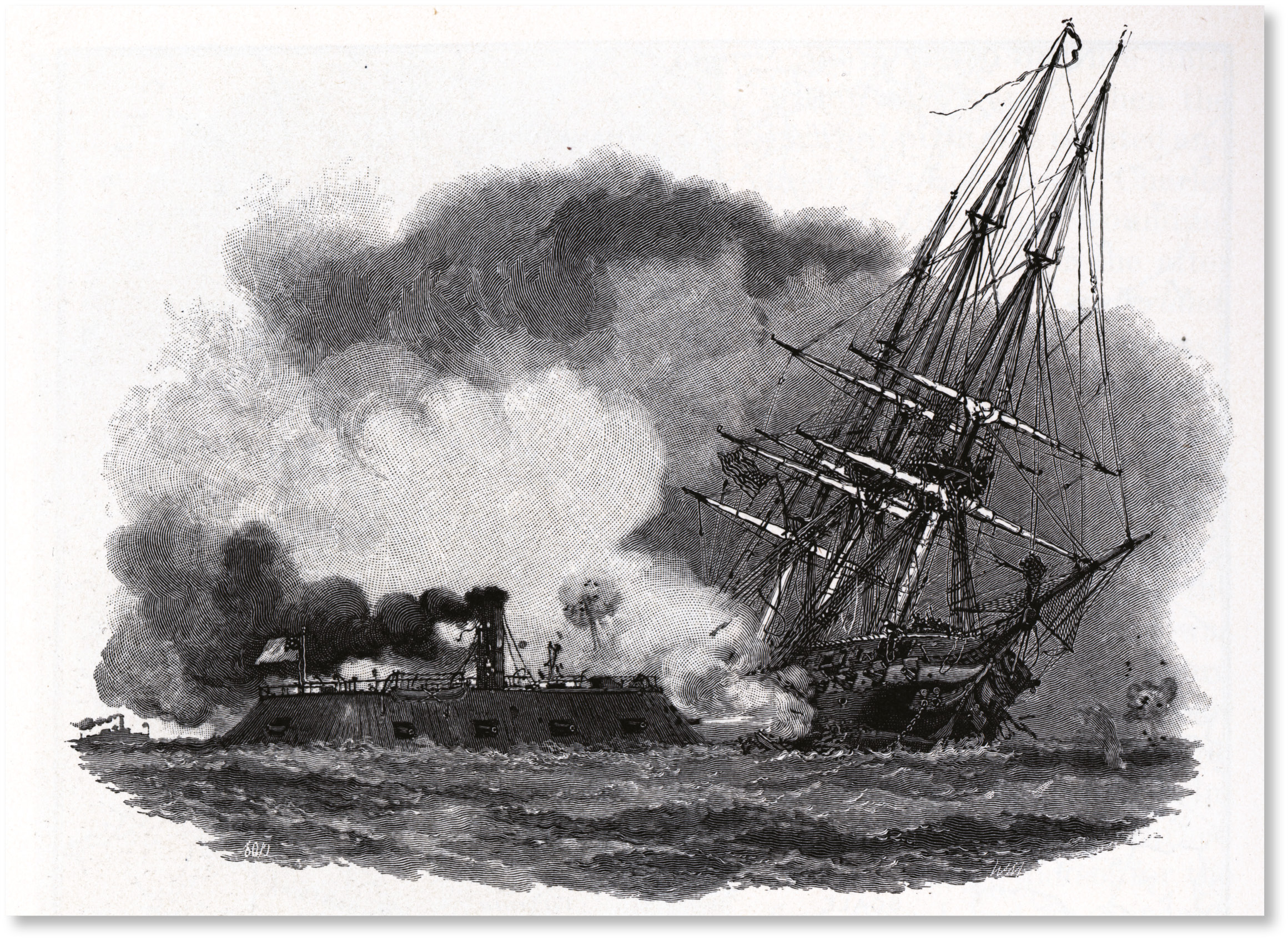 above The CSS Virginia (aka Merrimac) rams the USS Cumberland on 8 March 1862. The clash of ironclads the following day would sound the death-knell of the wooden-walled ship.