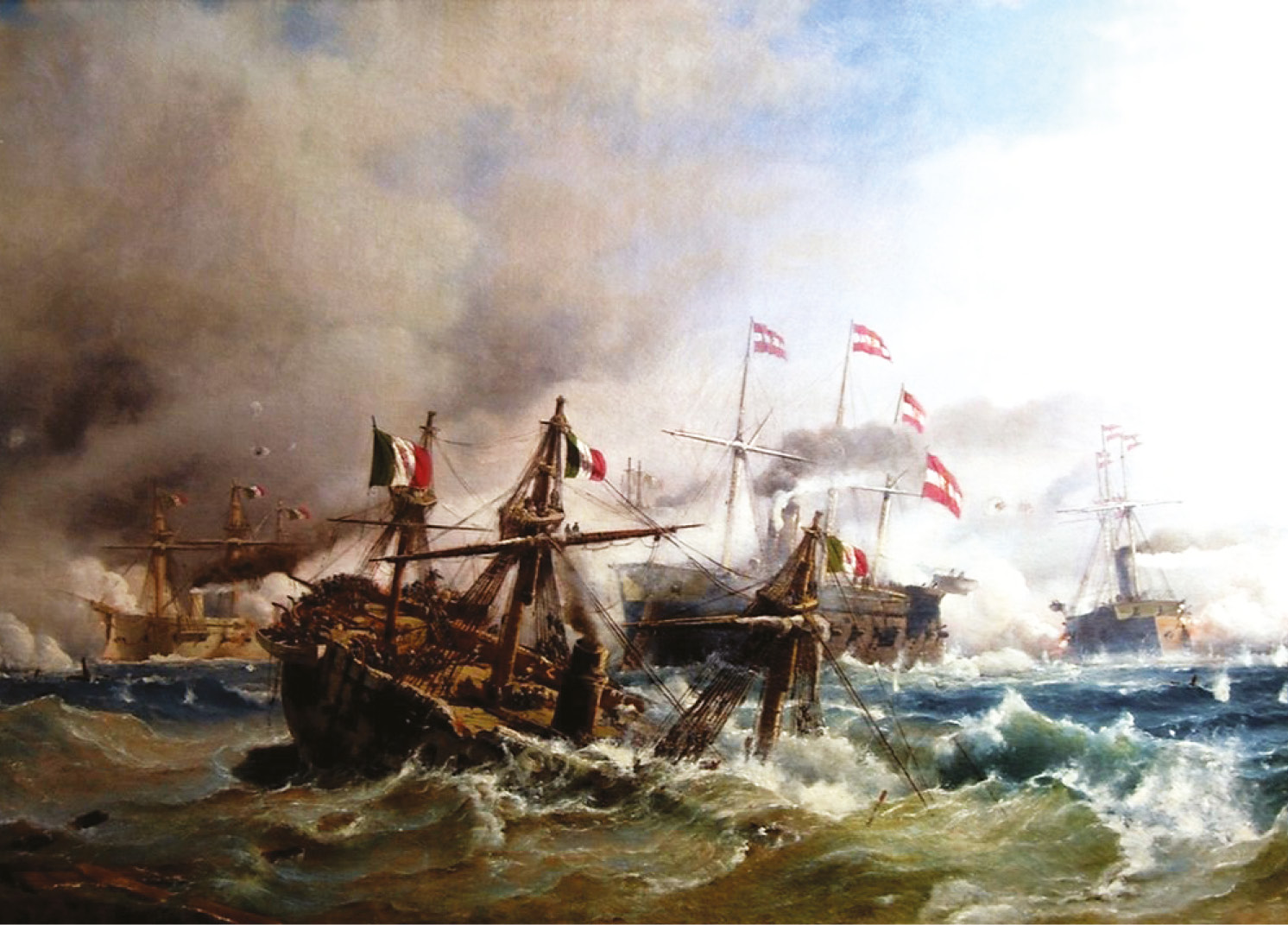 below An Italian ship sinks after having been rammed at the Battle of Lissa, 1866.