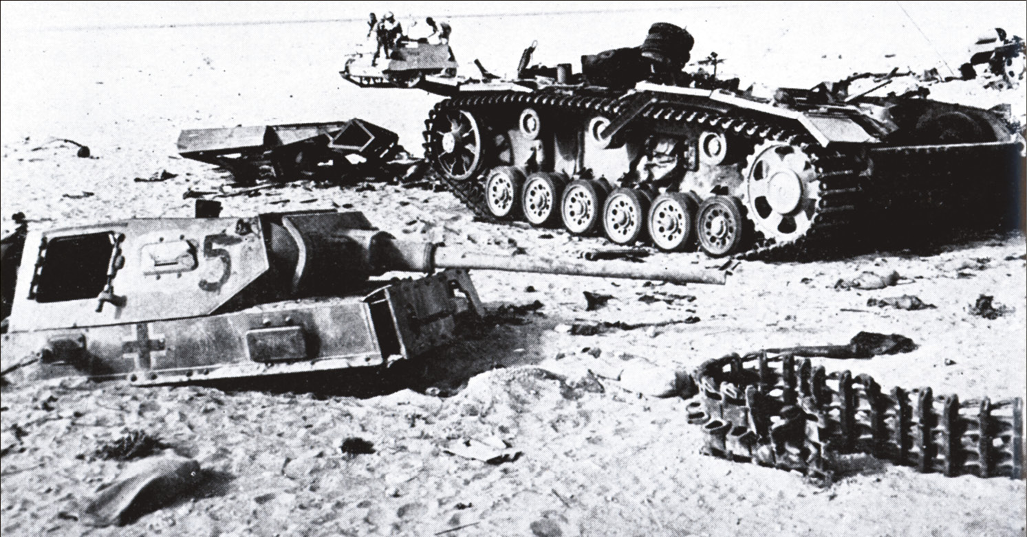 left Wrecked German tanks. Rommel had fewer than 50 Panzers in working order by the end of the battle. His request to Hitler to withdraw was grudgingly accepted at the second time of asking.