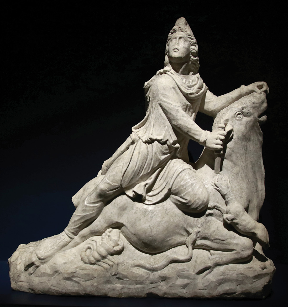 above This sculpture of the tauroctony from Cordoba, Lebanon, shows Mithras in his traditional Phrygian cap.