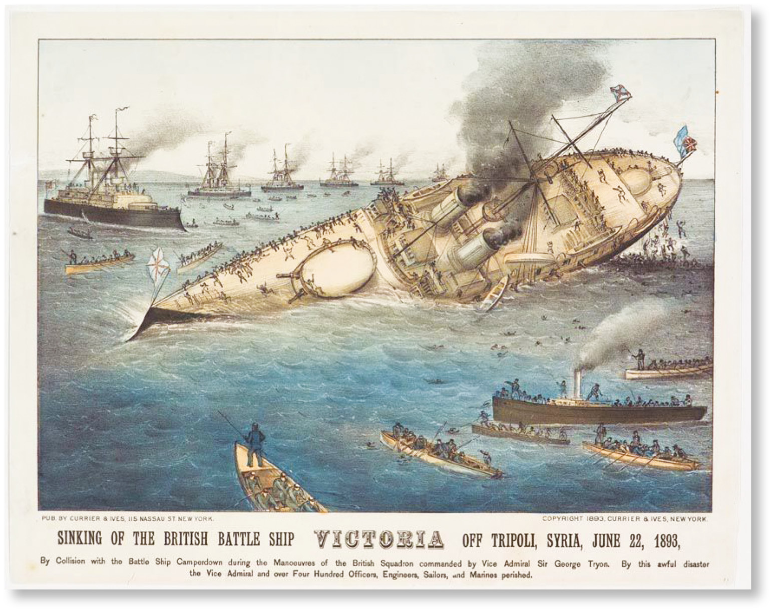 right The sinking of the passenger liner Victoria after an accidental collision with the ram of the warship Camperdown in Tripoli Harbour in June 1893.