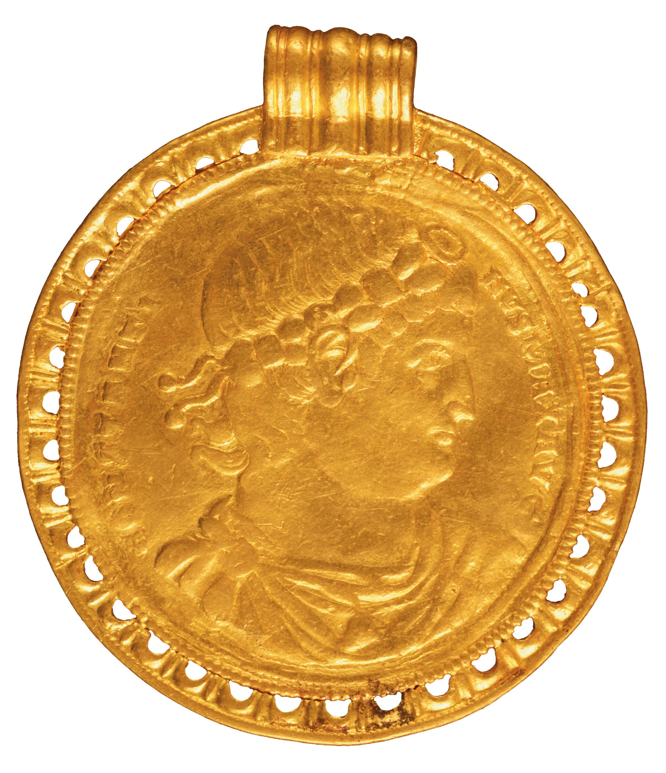 OPPOSITE A Roman medallion depicting Constantine the Great (r. AD 306-337) from a hoard discovered in Vindelev, Denmark. It is the oldest item in the hoard. Size: 5.1cm diameter