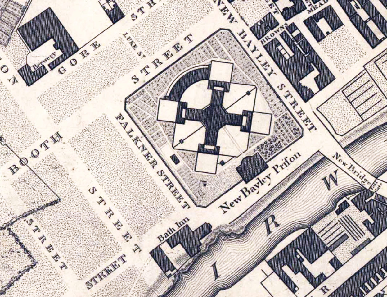 above Green’s map of 1794 is one of the earliest to depict New Bailey, showing the prison just four years after it opened, and revealing the original structure as a cross-shaped plan with a curved wing to the north-west.