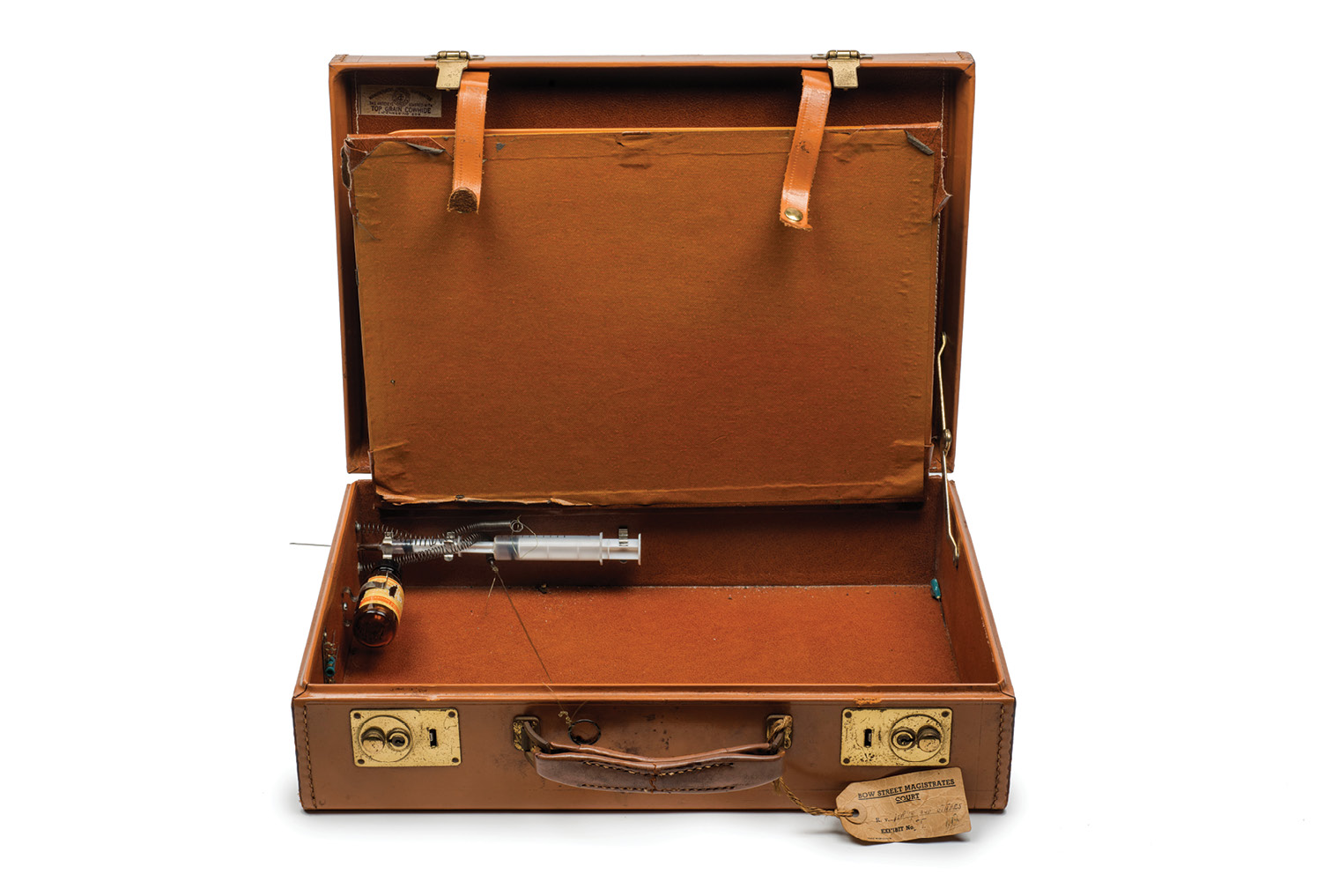 below A briefcase belonging to the Kray Twins, equipped with a syringe and poison, intended for use against a witness at the Old Bailey in 1968 (it was never used).