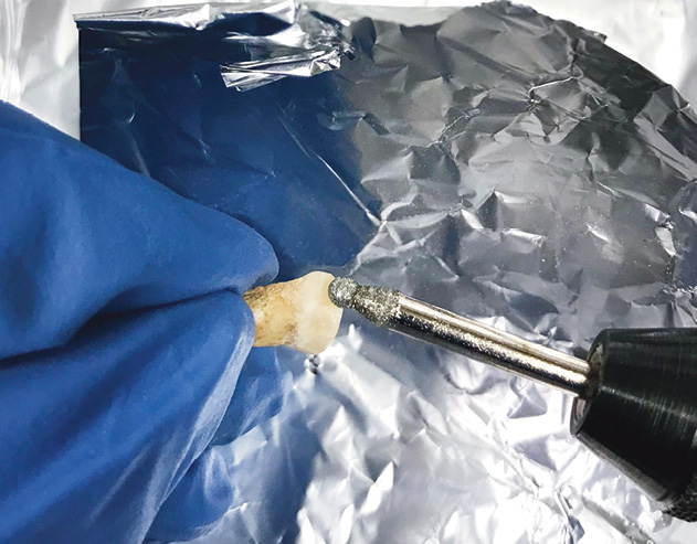 Clockwise from top left Drilling tooth powder for oxygen and strontium isotope analyses; powdered human tooth enamel; chemical preparation adding NaOCl to help remove contaminants; mixing the enamel with the chemicals; samples in the freeze-drier getting rid of any leftover liquid.