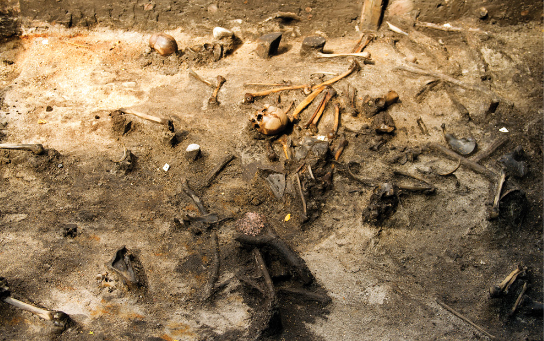 below Skeletal remains of deposited victims scattered across the lakebed.