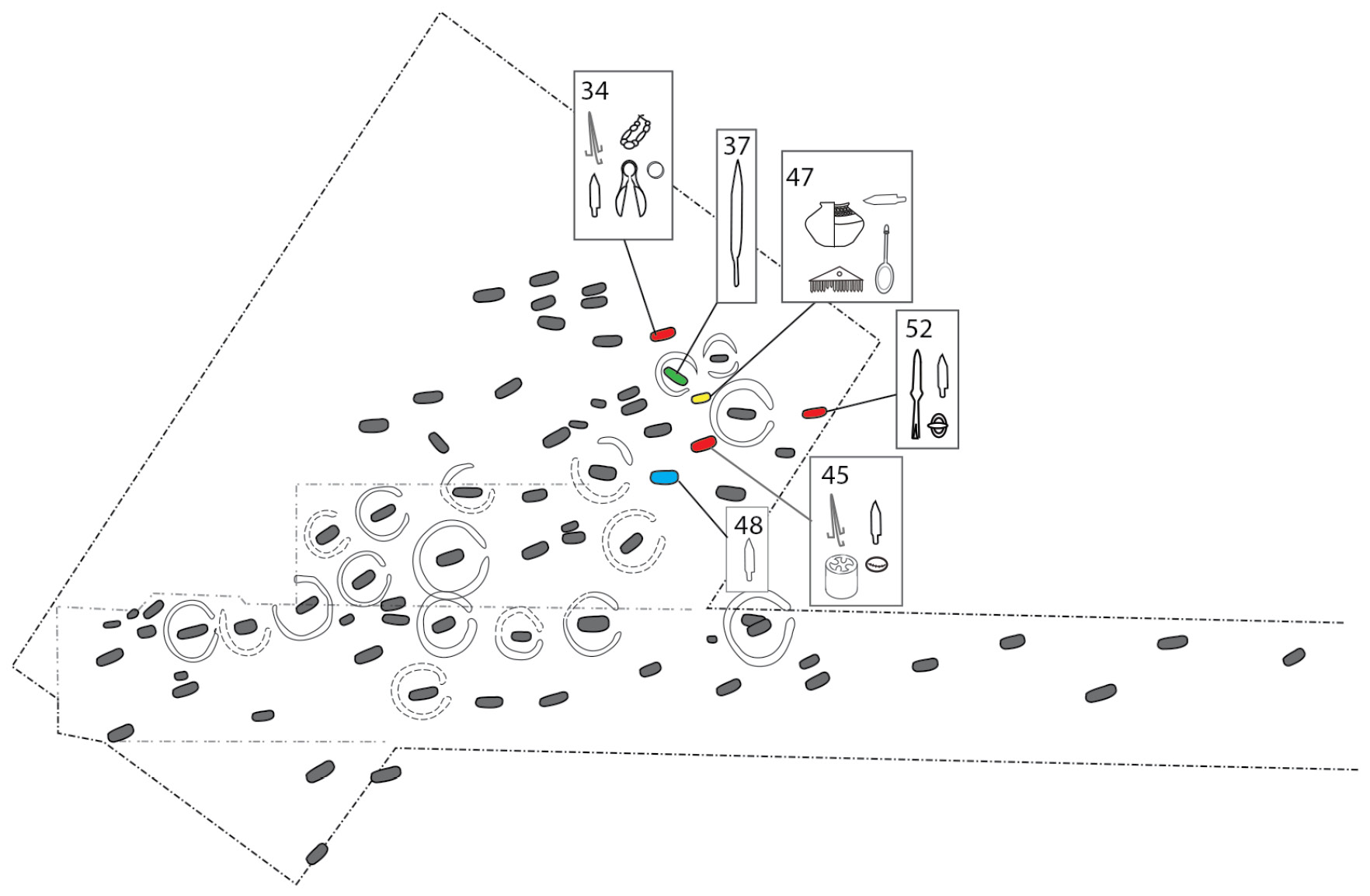 Left The girl in Grave 47 was found to be genetically related to two more women buried in the cemetery, in Graves 34 and 45. They in turn were related to a man in Grave 52. This plan shows the location of some of the key burials on the site, and summaries of their grave goods.