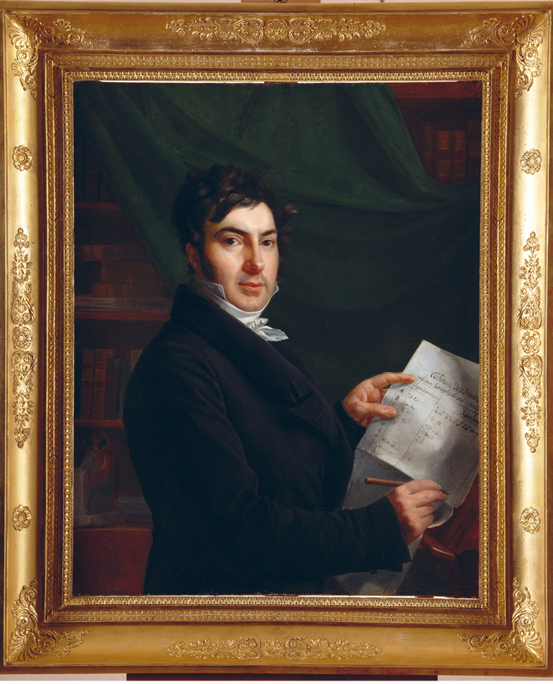 left Jean-François Champollion (1790 1832) who announced the decipherment of Egyptian hieroglyphic in 1823. This portrait painting of c.1823, attributed to Mme de Rumilly, shows him holding his initial ‘Tableau des Signes Phonétiques’, published in 1822. This gave hieroglyphic and demotic equivalents for the letters of the Greek alphabet.