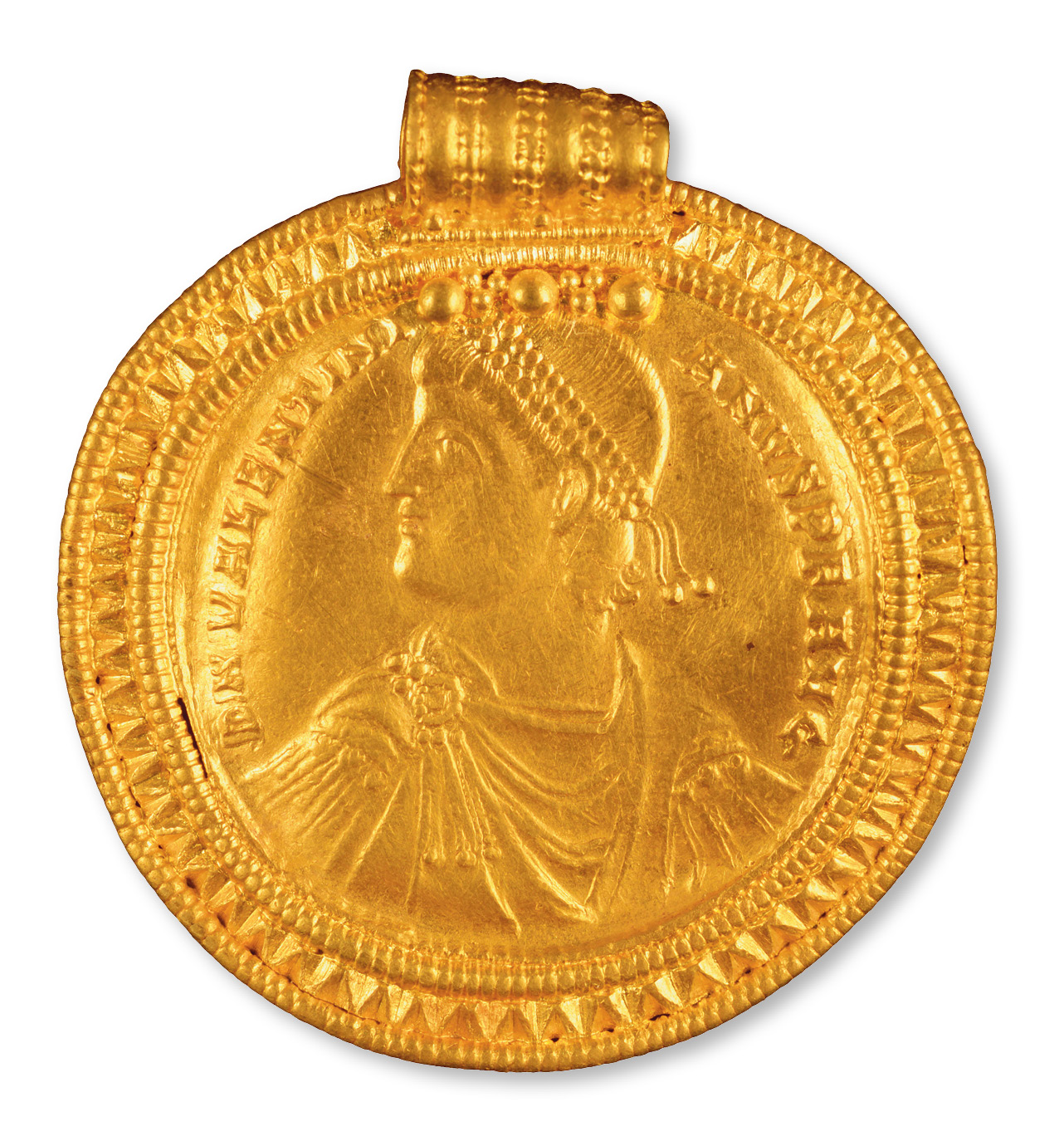 above & right Medallion of Valentinian I (r. AD 364-375). Size: 5.09cm diameter
