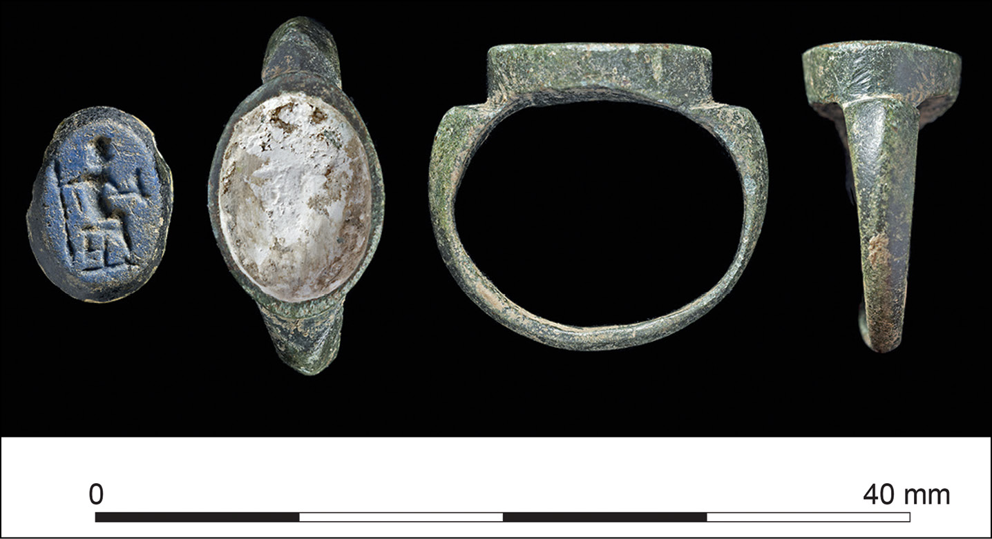 right One of the site’s high-status finds: a ring with an intaglio showing Jupiter with his thunderbolt.