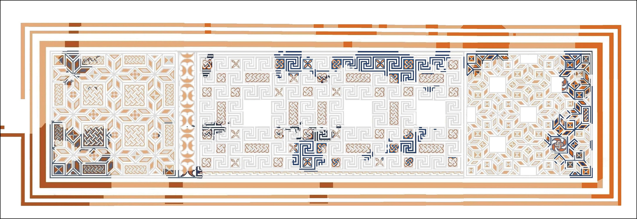 above This large geometric mosaic was recently uncovered in the villa’s north range. Here we see a reconstruction of its design by Stephen Cosh.