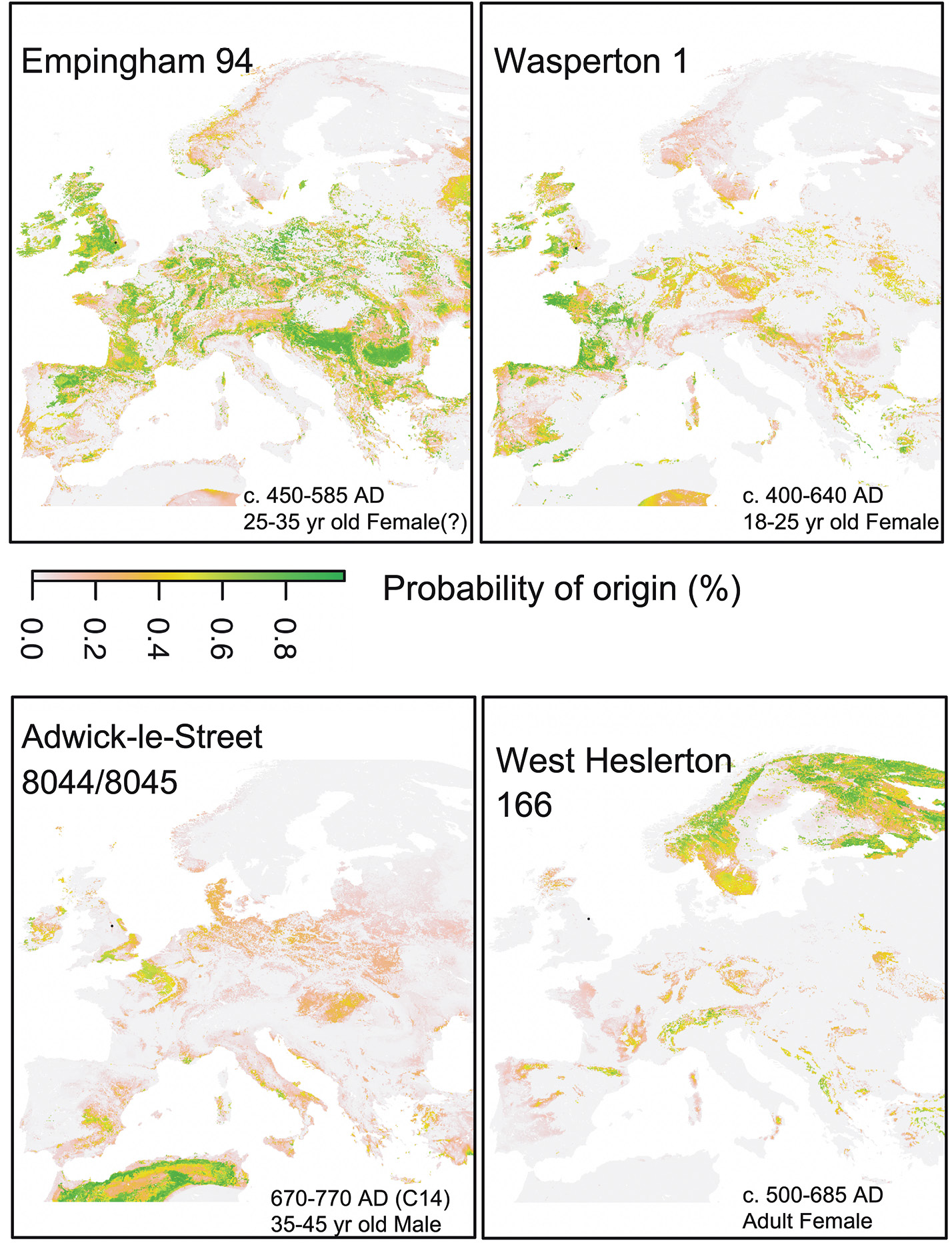 right Possible origin locations for individuals from four example cemeteries.