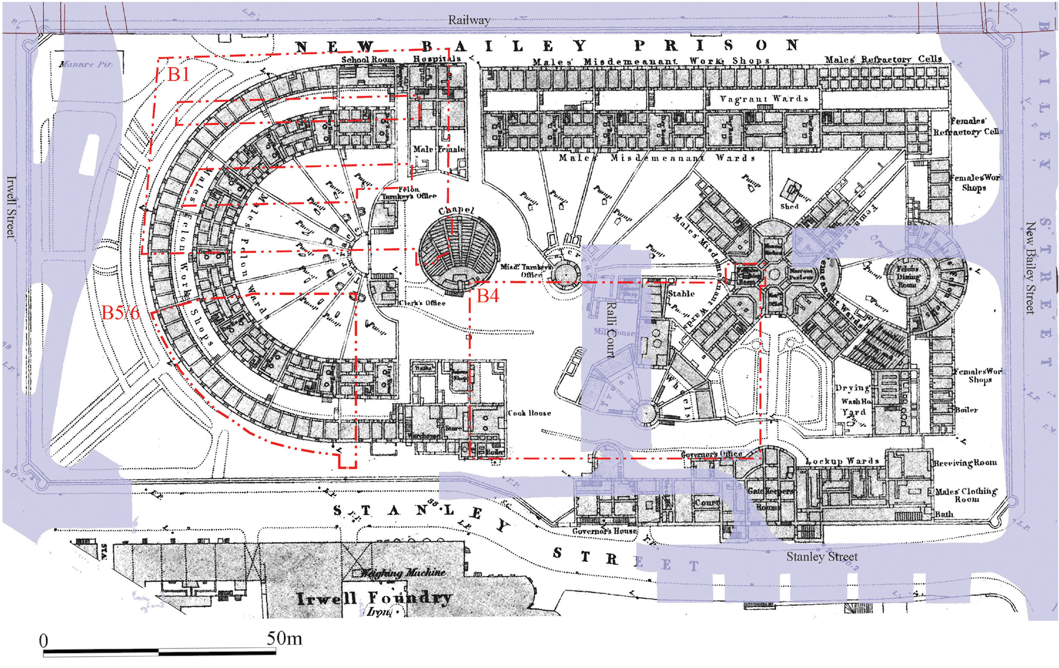 below This plan, based on an Ordnance Survey map of 1851 and marked in red to show the areas excavated to-date, depicts the prison at its 19th-century zenith, with capacity for 750 inmates. This expanded structure also reflects a darker turn in New Bailey’s regime: treadwheels are indicated in the centre of the area