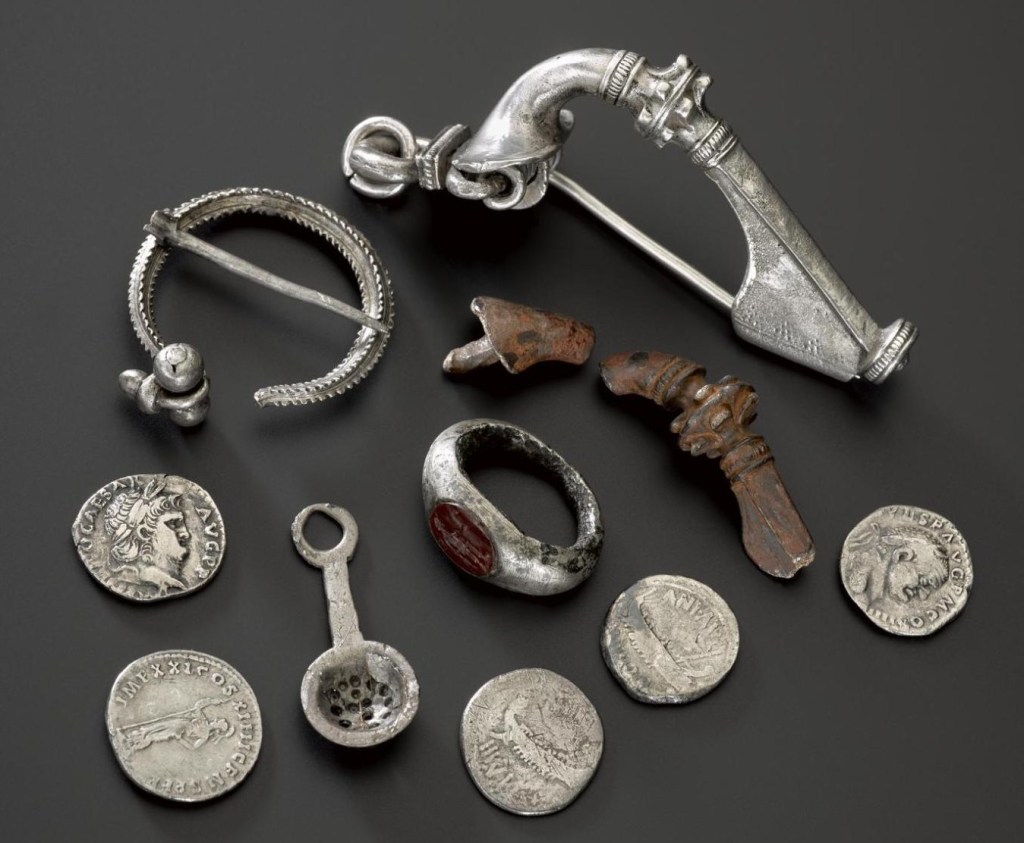 Some of the earliest silver from Scotland, dating from c.80-100 AD. This includes coins and a tiny strainer, which may have served as a good-luck charm.