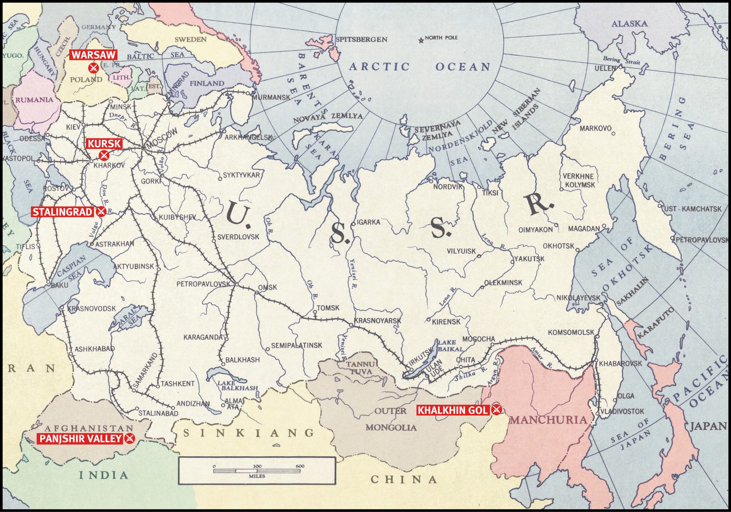left A 1943 railway map of the USSR, overlaid with our five battle locations, shows the vast distances the Red Army (known as the Soviet Army from 1946) was required to travel in order to fight.