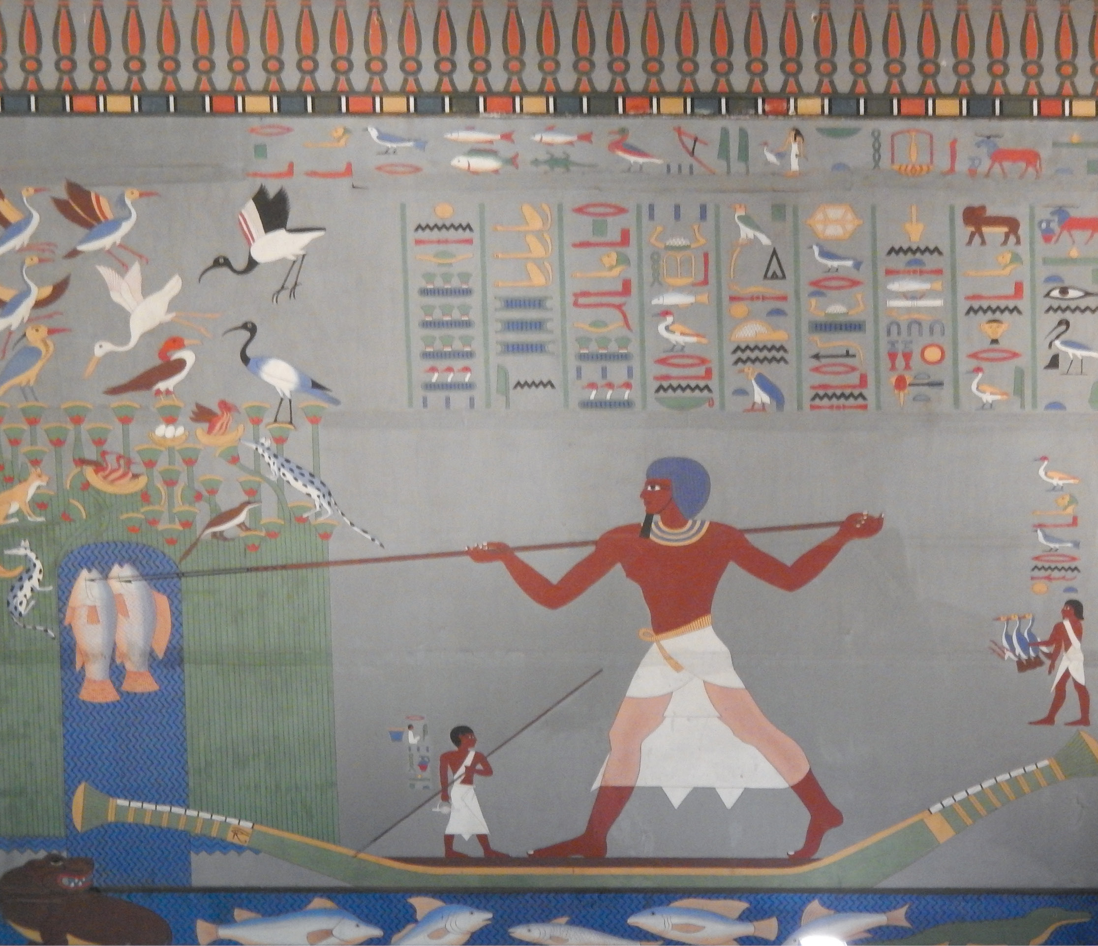 opposite page Khnumhotep indulges in a fishing expedition where, according to the hieroglyphic caption, he spears thirty fish. A scene in the Kunsthistorisches Museum, Vienna, based on a wall painting from Tomb 3 at Beni Hasan. above left A drawing of Khnumhotep’s spear-fishing scene. above An Old Kingdom painted relief from Rahotep’s tomb at Meidum. In the top left a man sits on the riverbank cleaning and splitting fish. Below, bearers carry a giant Nile perch suspended from a fishing spear. left A net full of fish. A relief from the tomb chapel of Akhethotep, now in the Musée du Louvre.