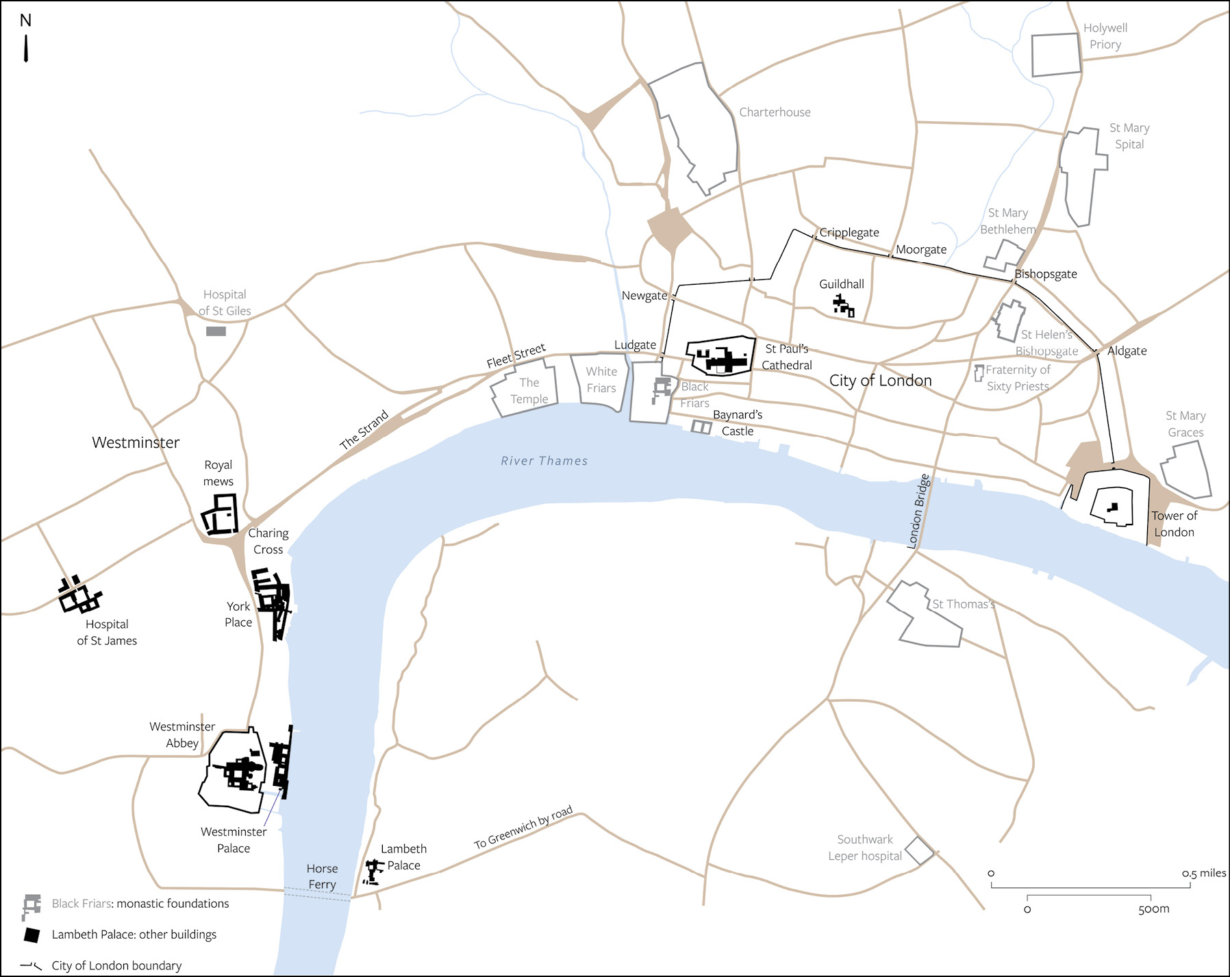 left Medieval Westminster and the City of London, showing the relationship of the Hospital of St James to other key buildings.