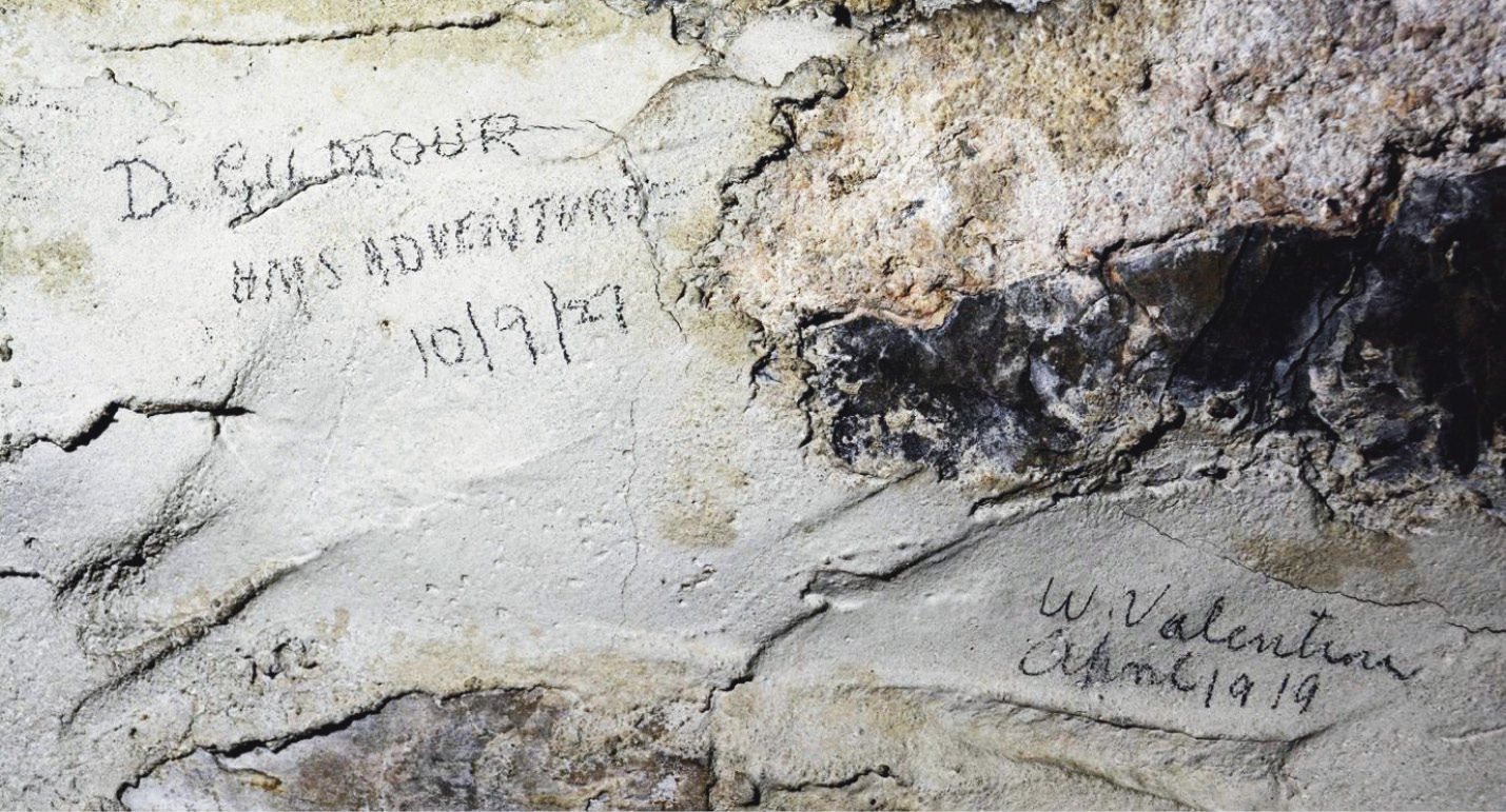 above The cathedral is home to a host of modern graffiti recording the names and ships of individuals who were stationed in Orkney during the First and Second World Wars.