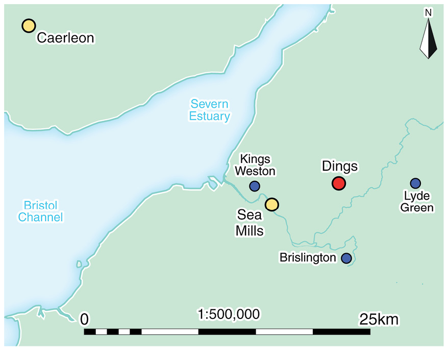 Above The location of the Dings site. right Mark Gridley’s reconstruction drawing shows the earliest settlement on the site in the 1st century AD, which included a roundhouse and enclosures.