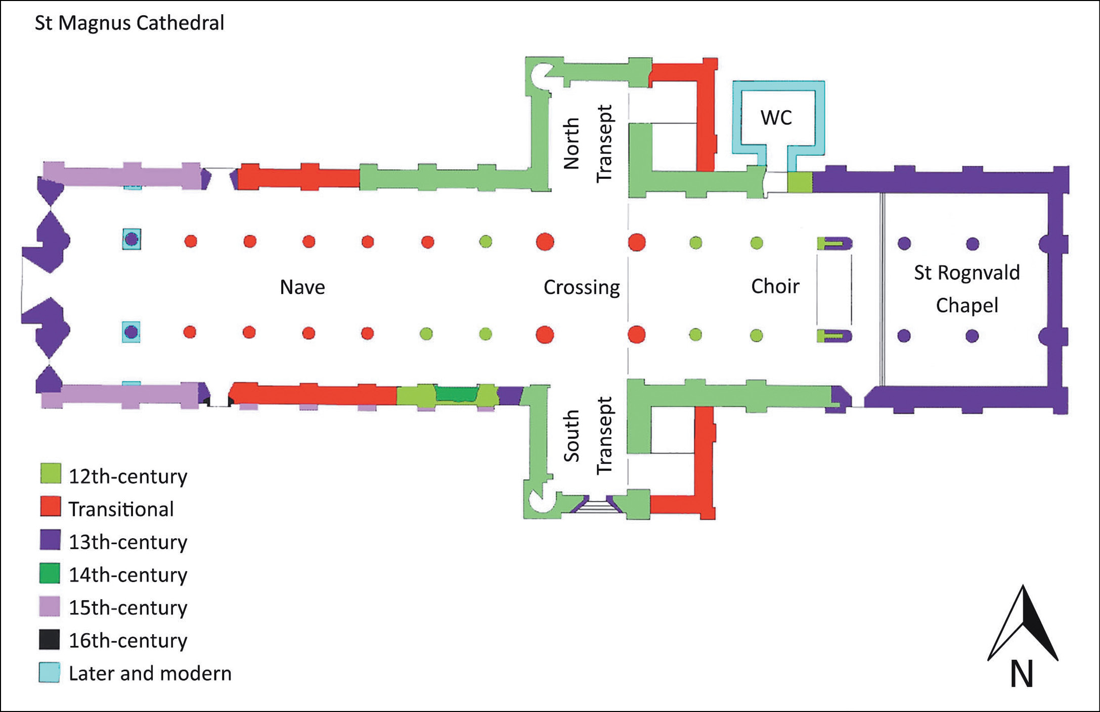 above The fabric of St Magnus Cathedral has evolved over the centuries, as this simplified phase plan shows. Construction began in the 12th century, and was not completed until the 16th century though there have been further additions in more recent times.