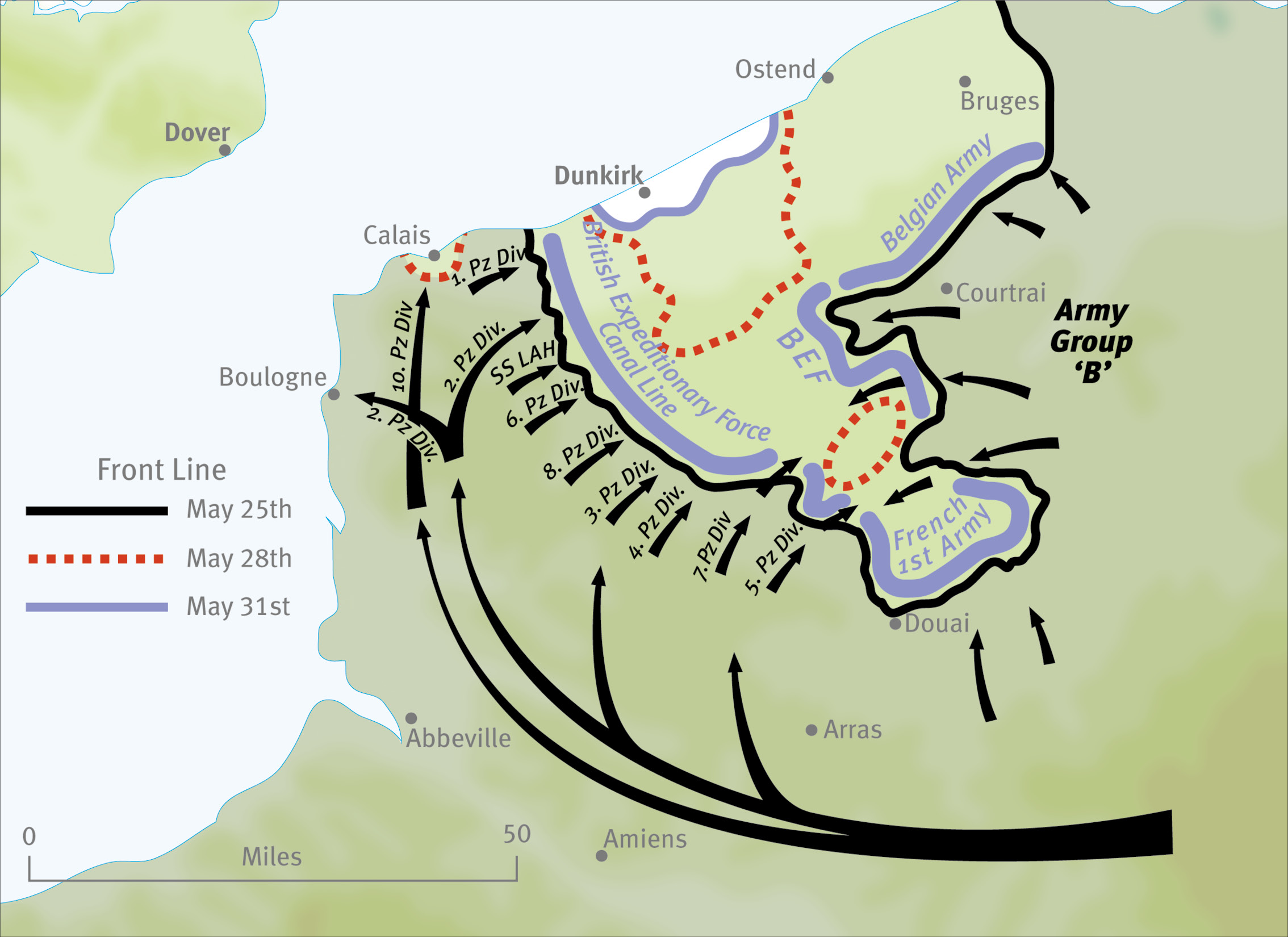 below The shrinking perimeter of the Dunkirk pocket. Having arrived with two Army Groups advancing from two different directions, the German forces had no coordinated plan of battle.