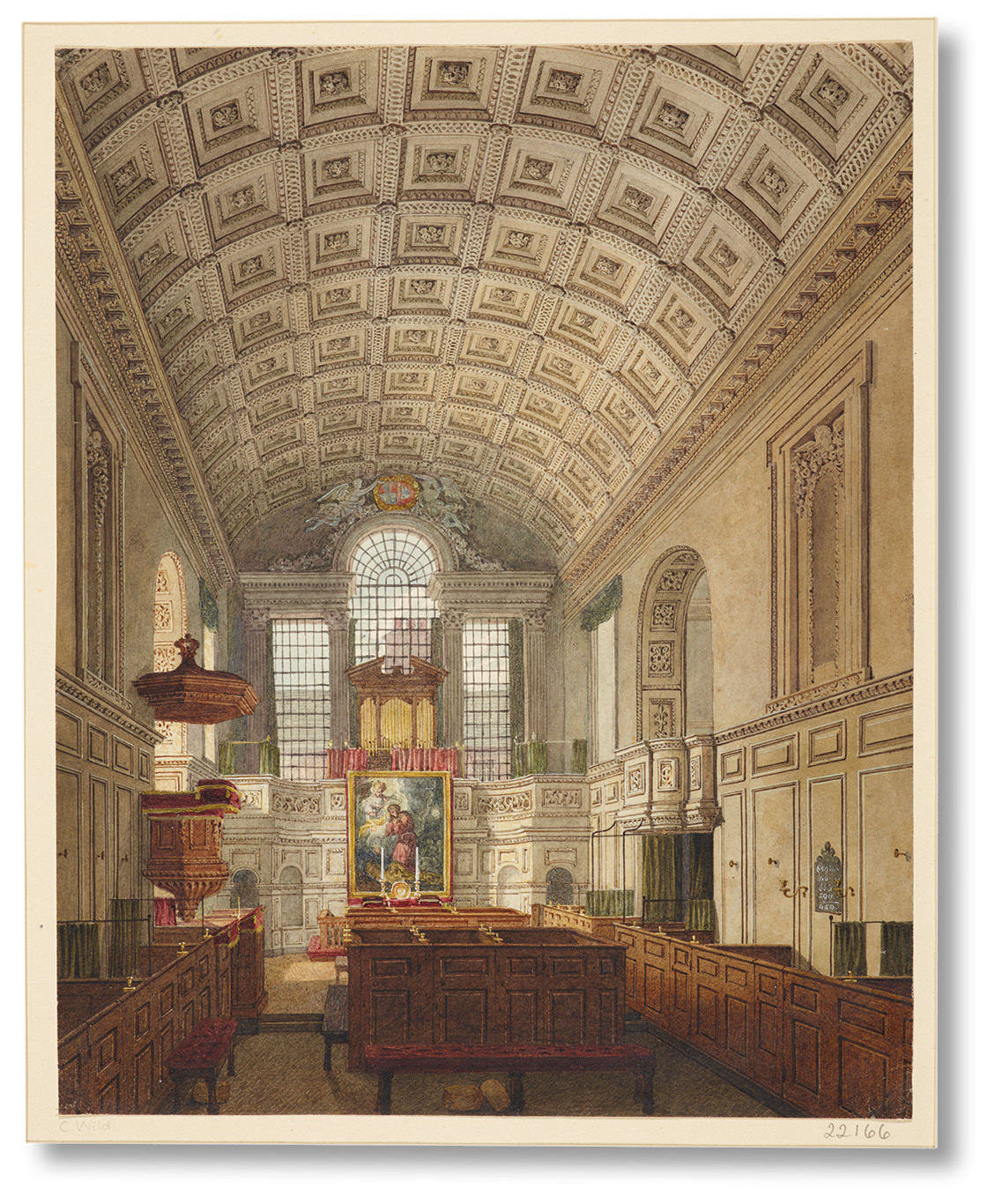 below The Queen’s Chapel, by Charles Wild, c.1816. Though built for Catholic worship, the chapel was used by French and Dutch Protestant refugees during the period 1680 to 1780, then by the growing German community at the royal court indeed, it was known as the German Chapel after 1785. right The interior of the Queen’s Chapel today, showing the Serlian (Venetian) east window and gilded carvings by Grinling Gibbons around the sanctuary, added when Sir Christopher Wren restored the chapel after a fire in 1682.