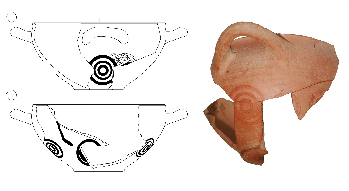 left The concentric circles on the Oinotrian-Euboean pottery might have caused difficulties for the less-than-trained potter apprentices. Sure enough, test ceramics showing not-quite-good-enough paintwork have been found in the ‘potter’s quarter’. Vessels that were misfired or had other defects were also found in the two huts. This might indicate that the potters themselves lived there and made use of production pieces that were not fit for selling. Here we see an Oinotrian-Euboean skyphos cup with unsuccessfully applied concentric circles (above). Other pieces did turn out nicely, such as this stand for a Oinotrian-Euboean vessel decorated with grazing horses. Today, it is in the storerooms at the archaeological museum in Sibari (below).