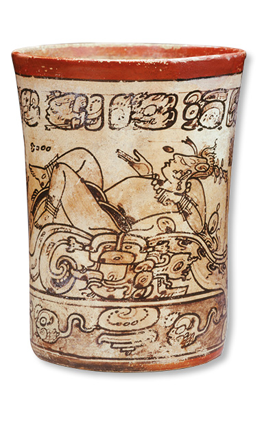 right Yax Ahk’ as a captive impersonating the Jaguar God, from Monument 155, at Toniná, Chiapas, Mexico. Sandstone, c.AD 700. below Codex-style vessel showing the rebirth of the Maize God, from Structure II, Tomb 1, at Calakmul, Campeche, Mexico. Ceramic and pigment, AD 650-800.