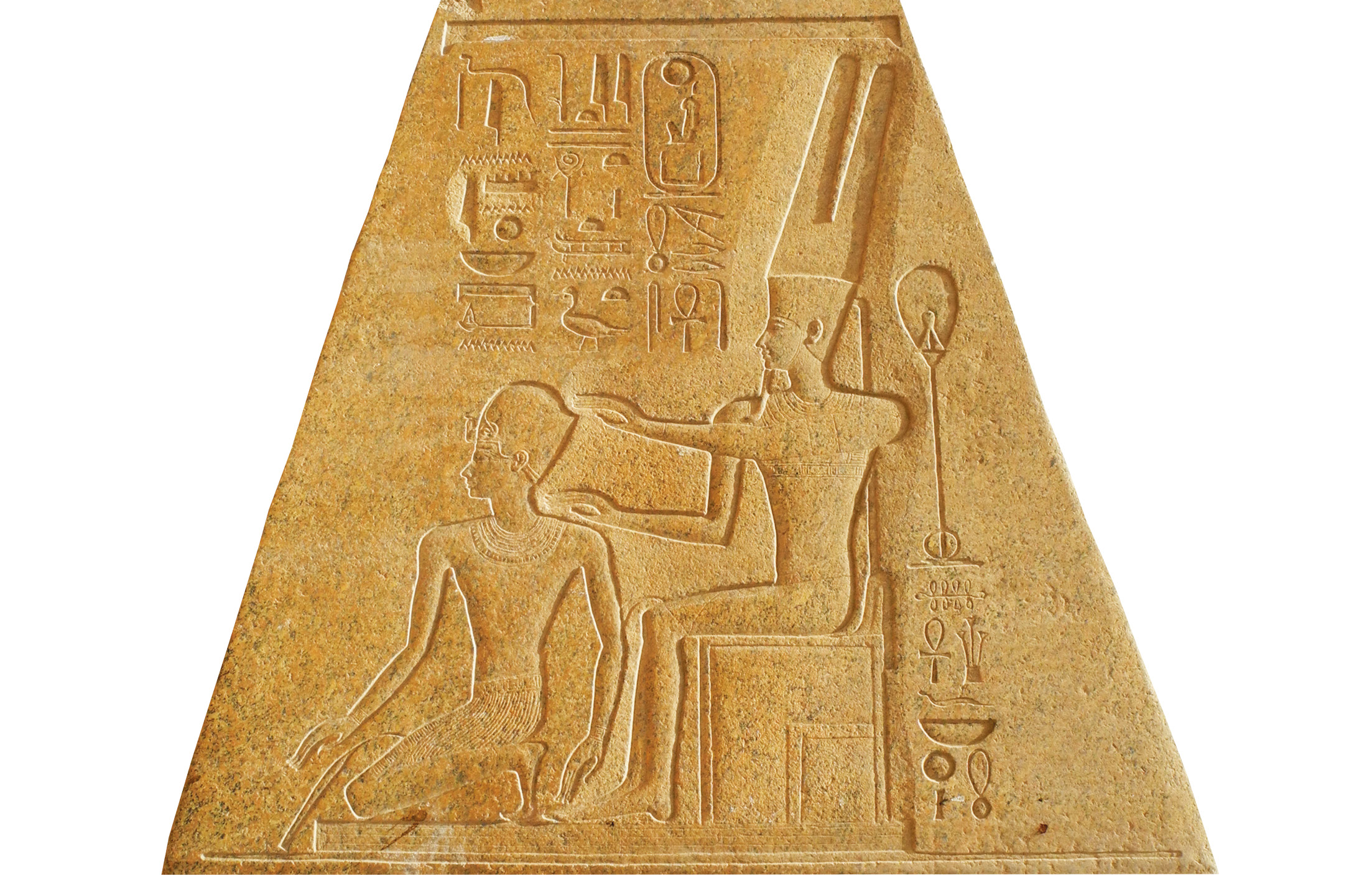 right The relief carving at the top of one of Hatshepsut’s obelisks at Karnak, c.1464 BC. This one has fallen and is displayed on its side (the image has been rotated) by the Sacred Lake. Hatshepsut is endorsed as king here by Amun, an essential part of her entitlement to rule in her own right. After being erased in the reign of Akhenaten, the figure of Amun and his name were restored during the 19th Dynasty.﻿