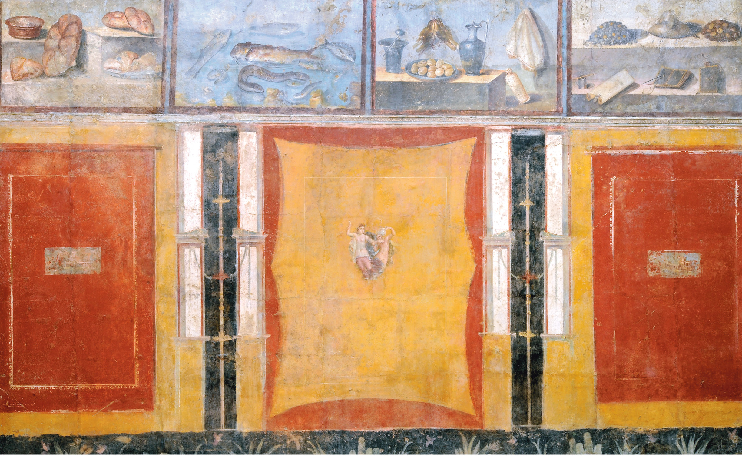 ABOVE Wall with still lifes (xenia), from the House of Julia Felix, Pompeii. 1st century AD, Fourth Style. Size: 298 x 447cm