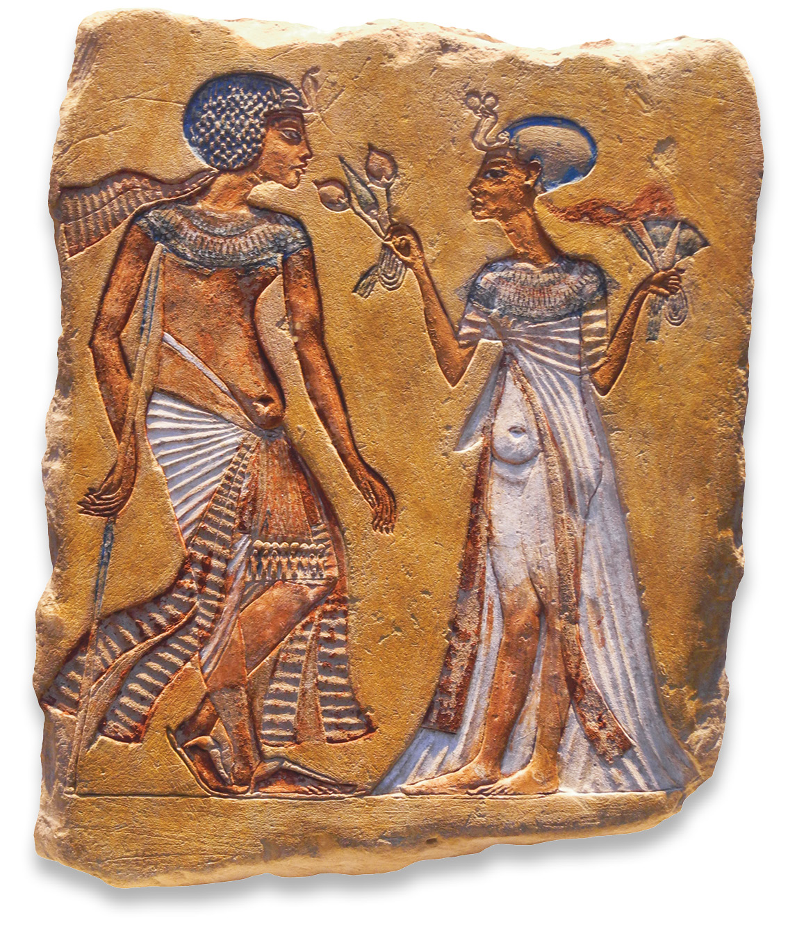 above A small painted relief carving of an Amarna king and queen, either Akhenaten and Nefertiti, or his mysterious possible successor Smenkhkare and Meryetaten (Akhenaten’s eldest daughter), in the less exaggerated, more realistic style characteristic of the later part of Akhenaten’s reign. From Amarna, c.1345-1336 BC.﻿