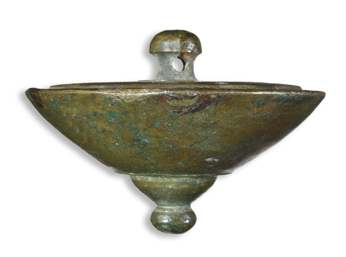 ABOVE Bronze perpendiculum (plumb bob) found in Pompeii. 1st century AD. Size: 5 x 7cm RIGHT Small cup containing blue pigments from Pompeii.1st century AD. Size: 16cm diameter BELOW Wall painting of an idyllic landscape, from the atrium of the Villa of the Papyri in Herculaneum. 1st century BC, Second Style. Size: