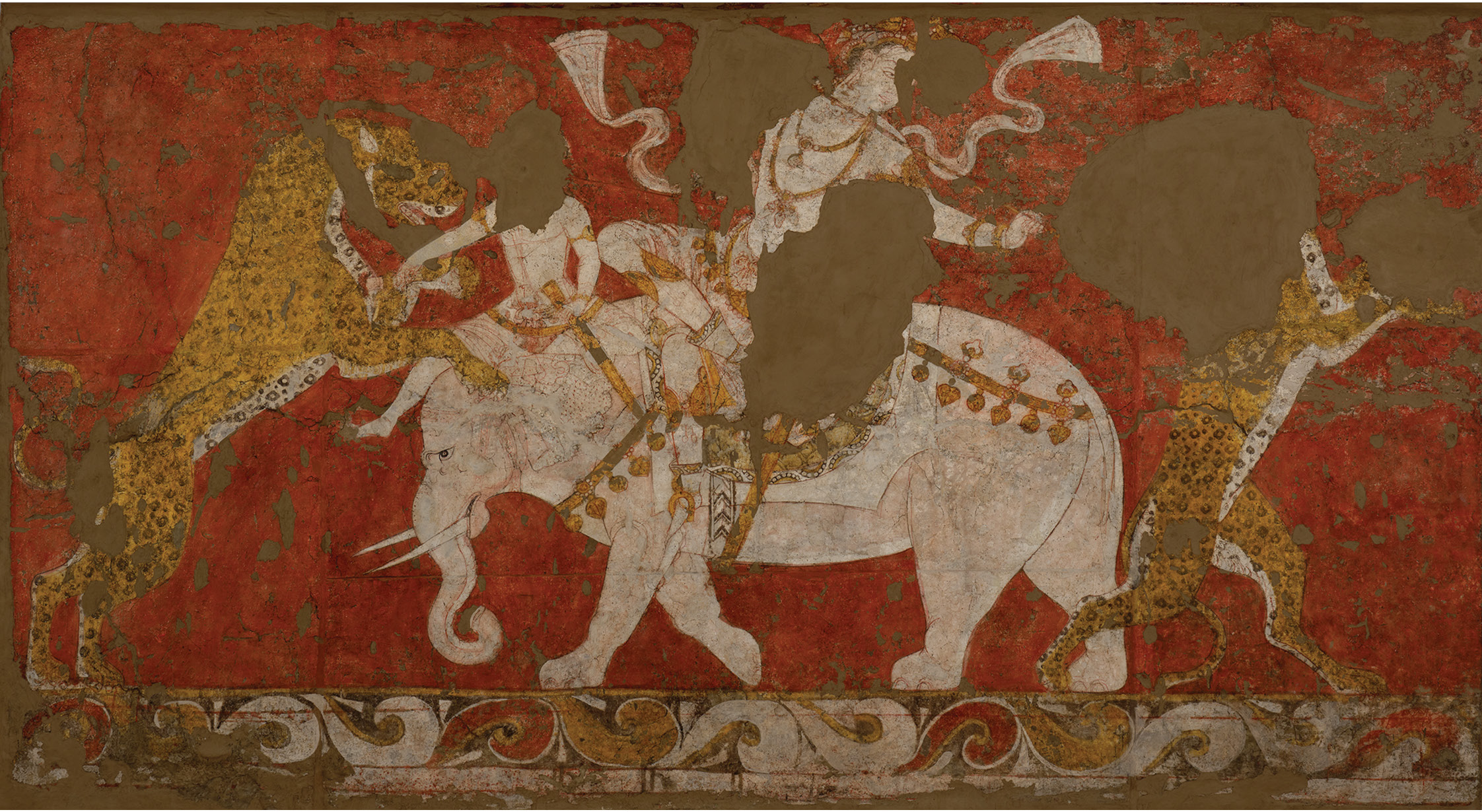 above Wall painting from the Red Hall of the Varakhsha palace, showing a royal elephant-rider fighting a pair of leopards. Early 8th century. Size: 181 x 257cm left Detail from the murals of the Hall of Ambassadors, Afrasiab, 7th century.
